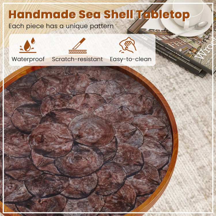 Hivvago Coastal Style Round End Table with Embedded Sea Shell Accents