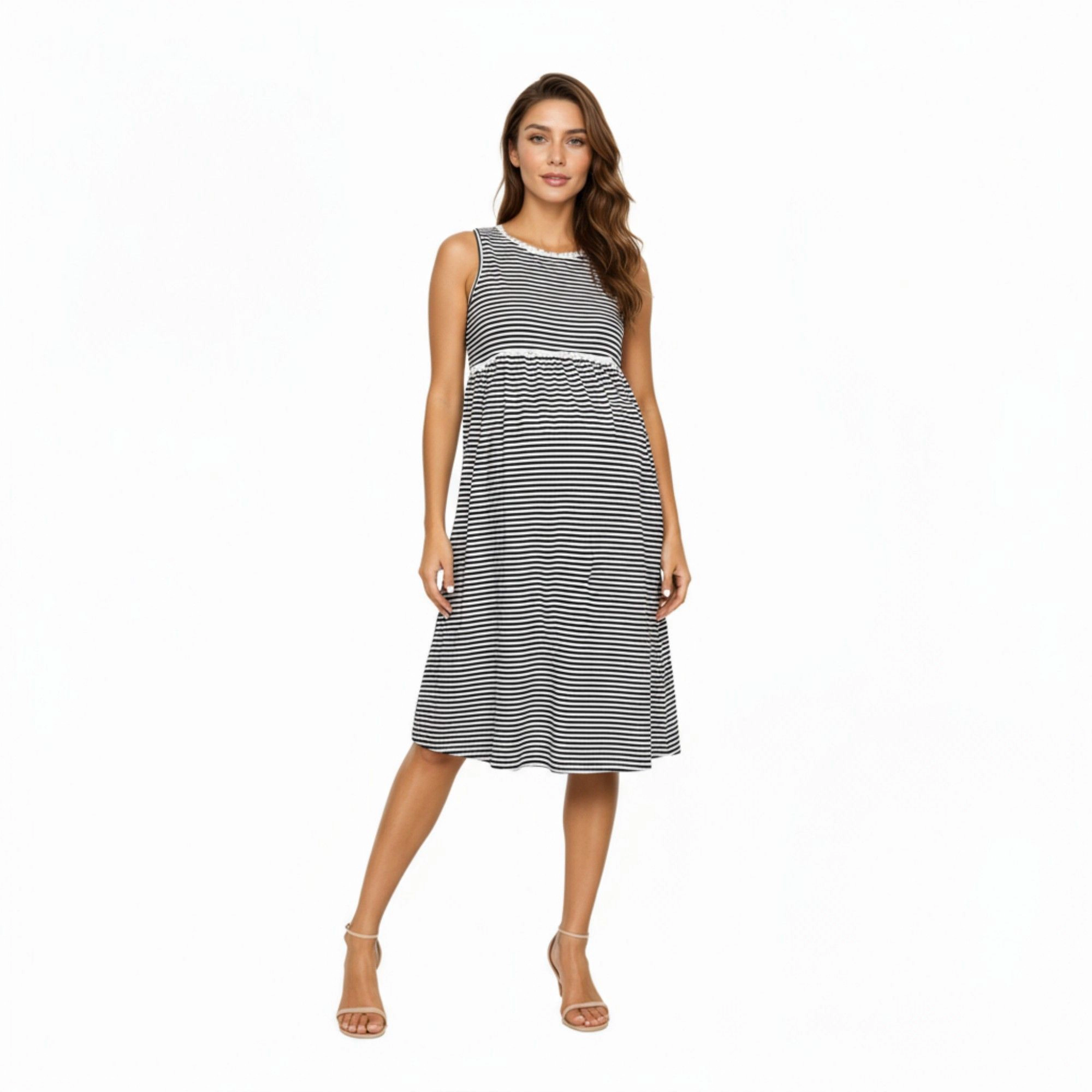 Anna-Kaci Women's Maternity Sleeveless Stripe Soft Stretch Knit Fabric Flattering Empire Waist Midi Dress