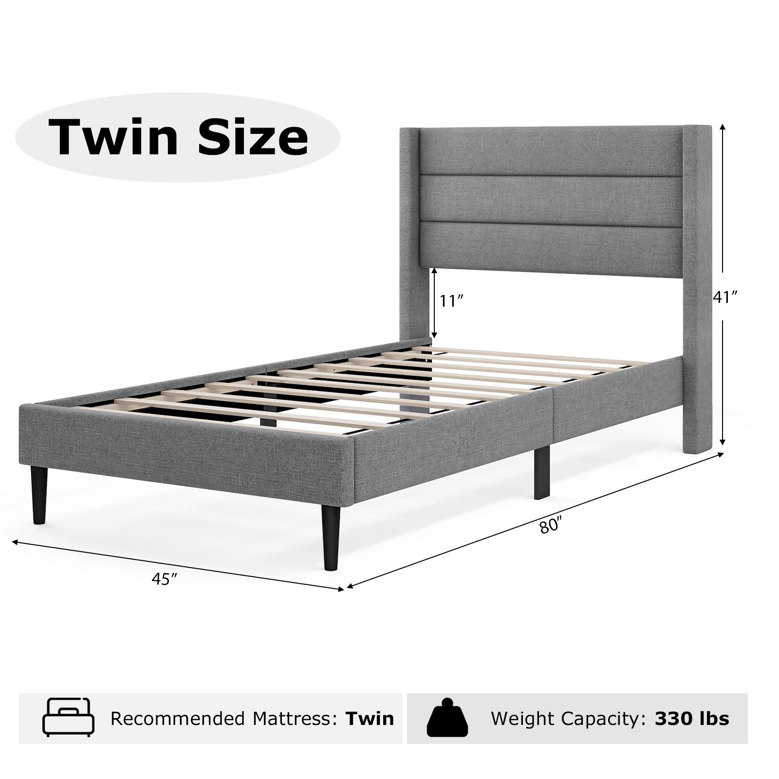 LJG Linen Upholstered Platform Twin/Queen Bed Frame with Wingback Headboard