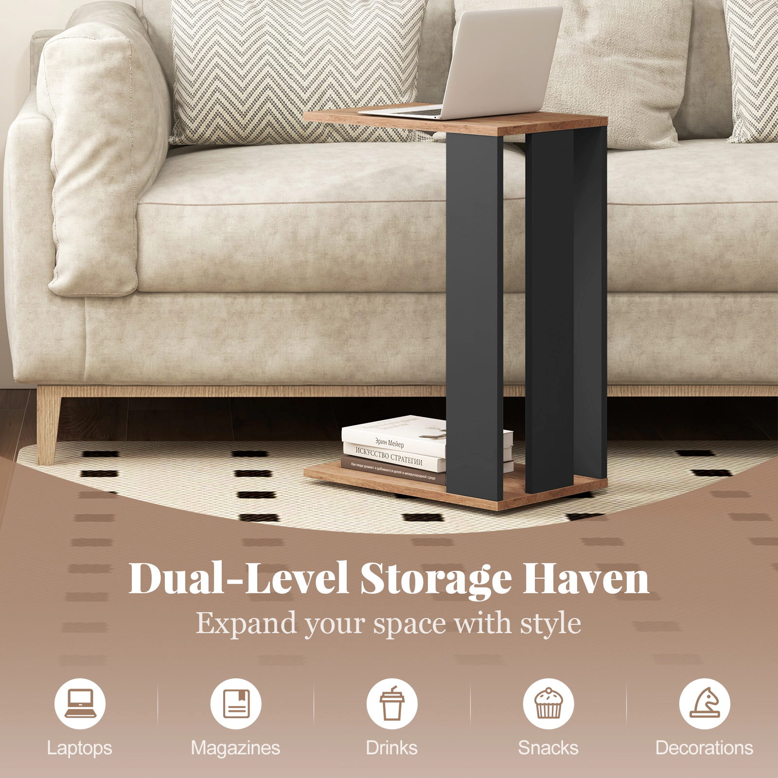 SUGIFT 2-Tier C-Shaped Side Table with Universal Wheels and Shelf 16.5-lb Tabletop Capacity Rustic Brown & Anthracite