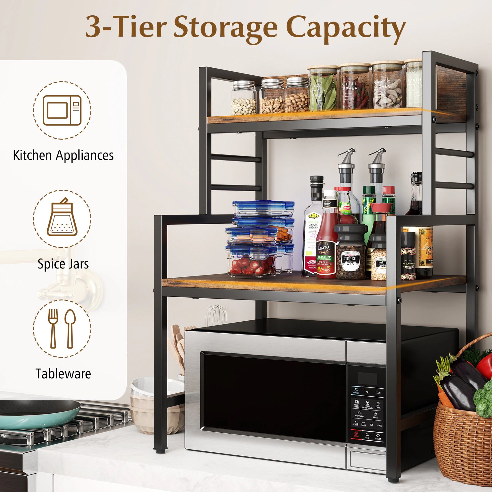 SUGIFT 3-Tier Microwave Stand Rustic Brown with 2 Open Shelves and Metal Frame