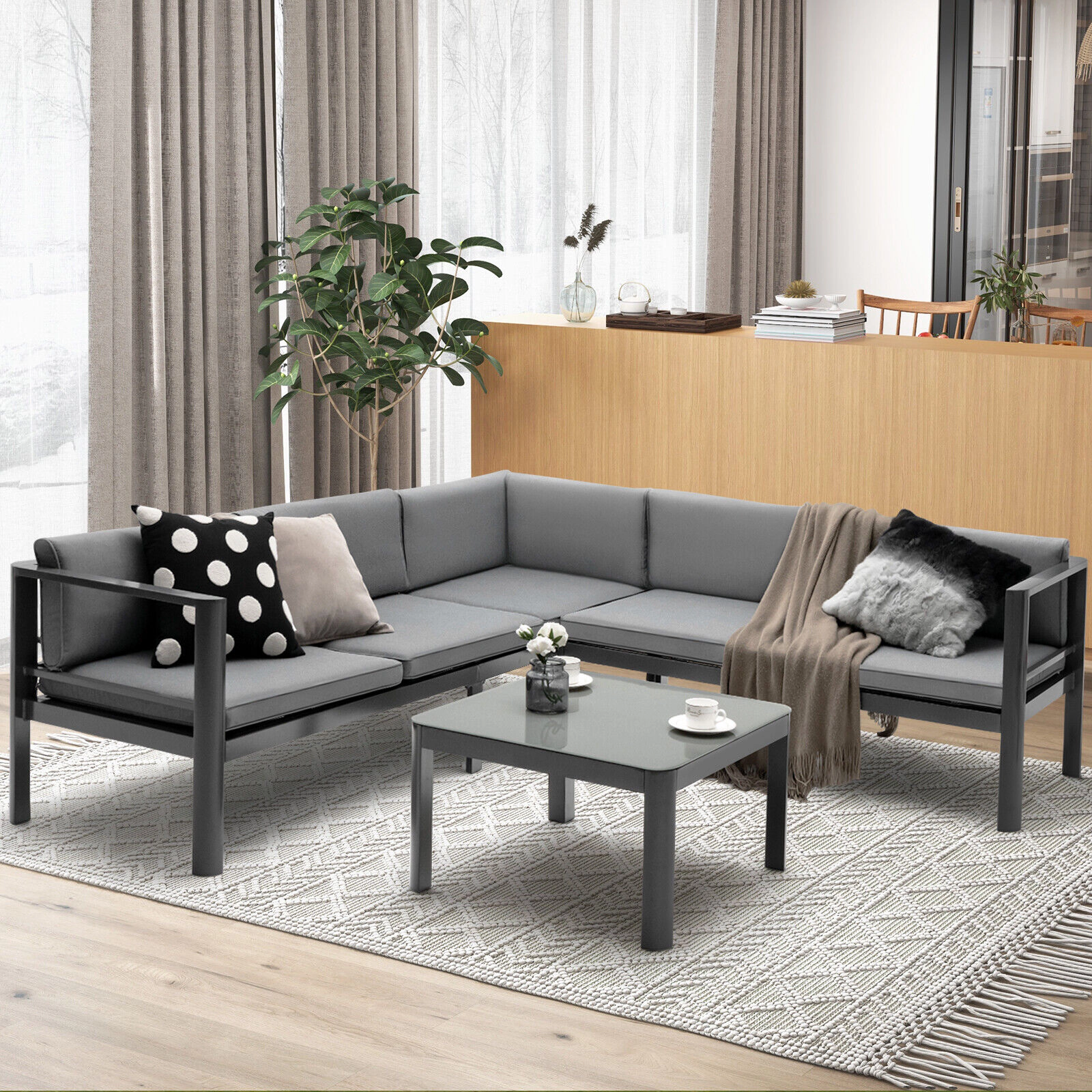 SUGIFT 3-Piece 990-lb Capacity 6-Level Reclining Gray Aluminum Outdoor Patio Sofa Set with Glass Coffee Table