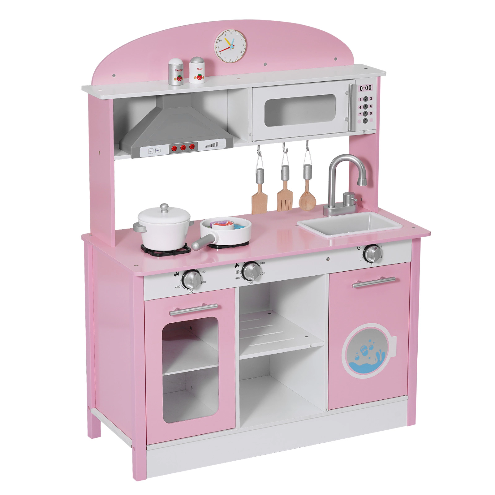HONGGE Play Kitchen for Kids, Wooden, Kids Playset with Real Lights & Sounds, Food Cookware