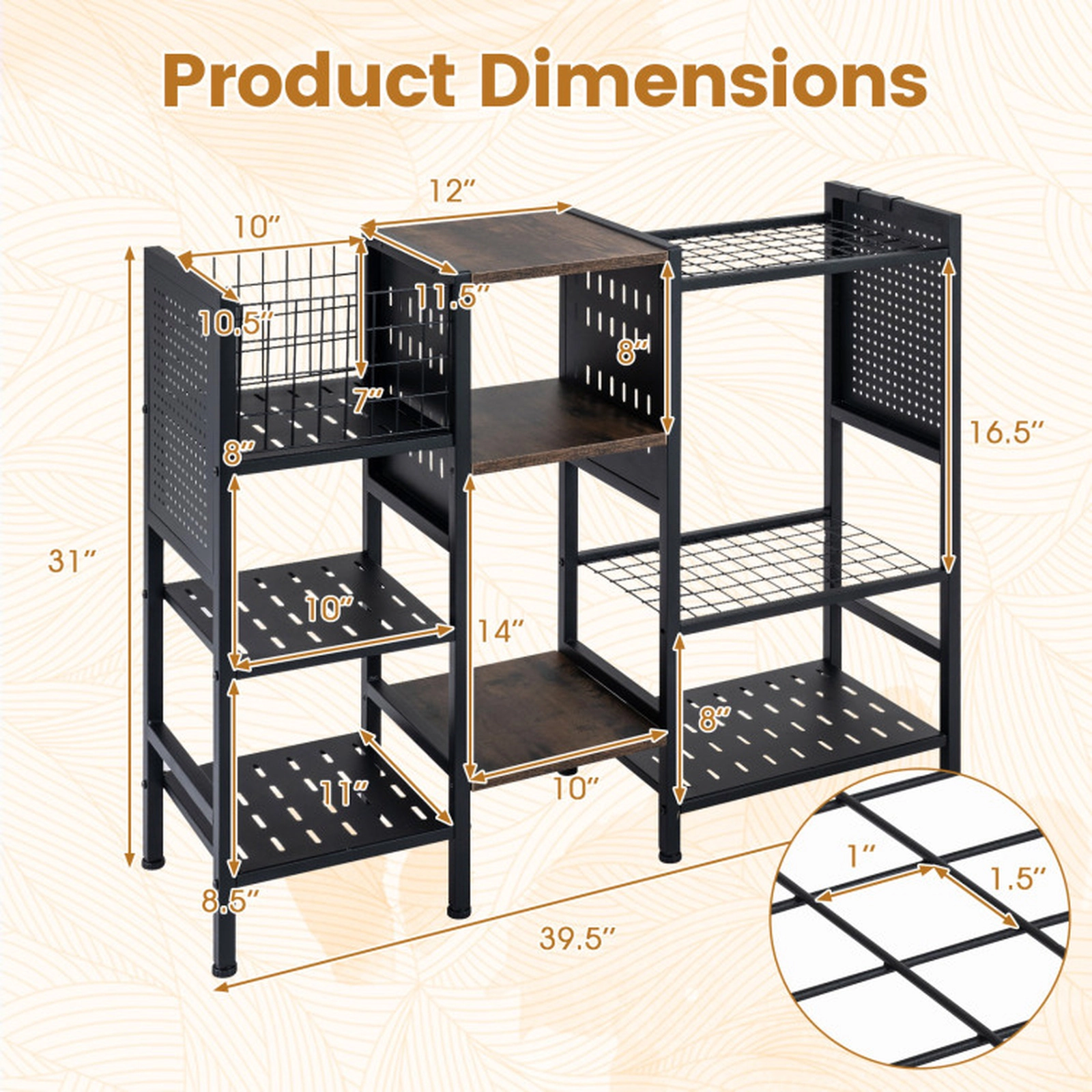 SUGIFT 40-in Wide Garden Tool Organizer with Metal Frame and Wooden Shelves 22-lb Tier Capacity Black and Rustic Brown