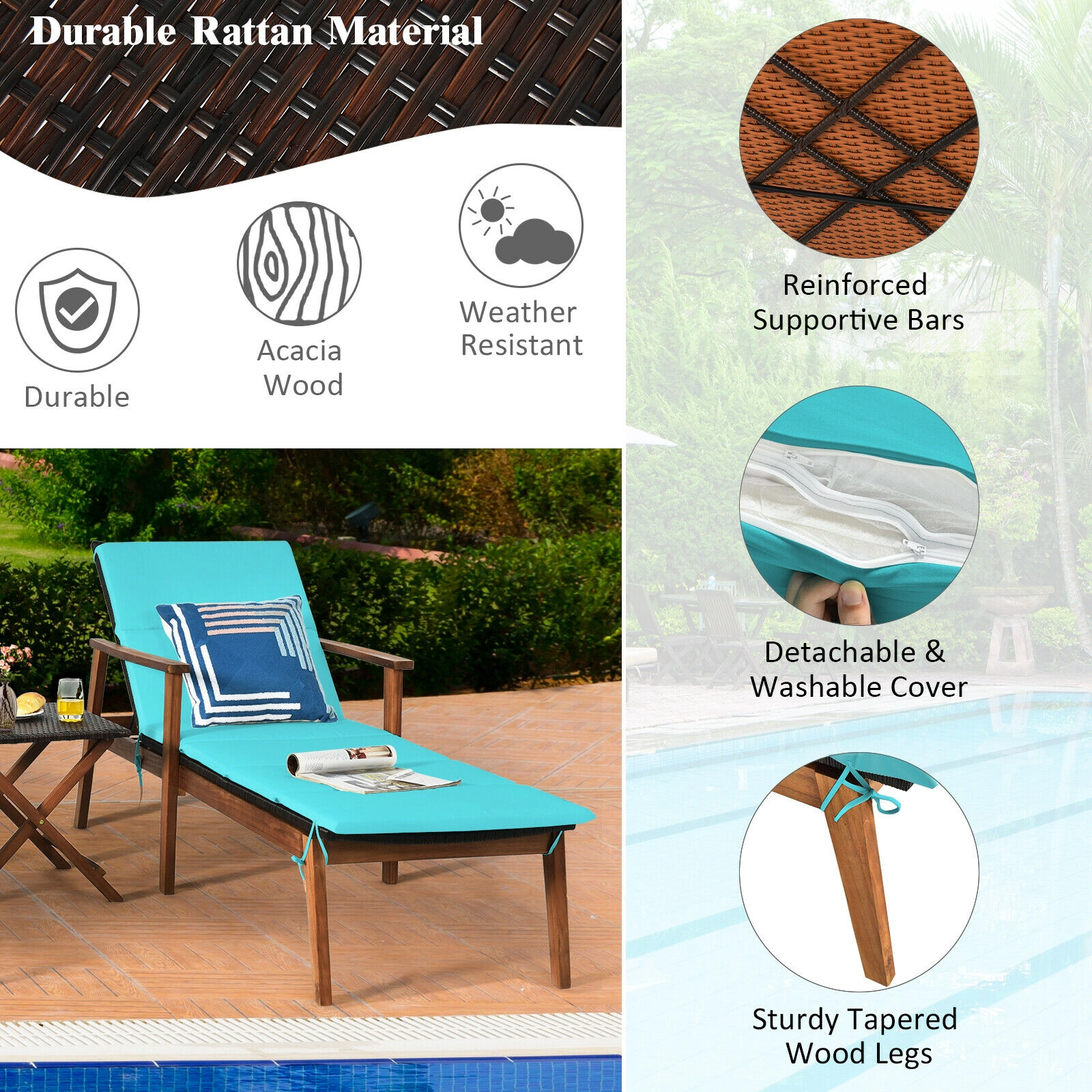 SUGIFT 3-Piece Cushioned Rattan Lounge Chair Conversation Set with Folding Side Table 600-lb Chair Capacity Turquoise