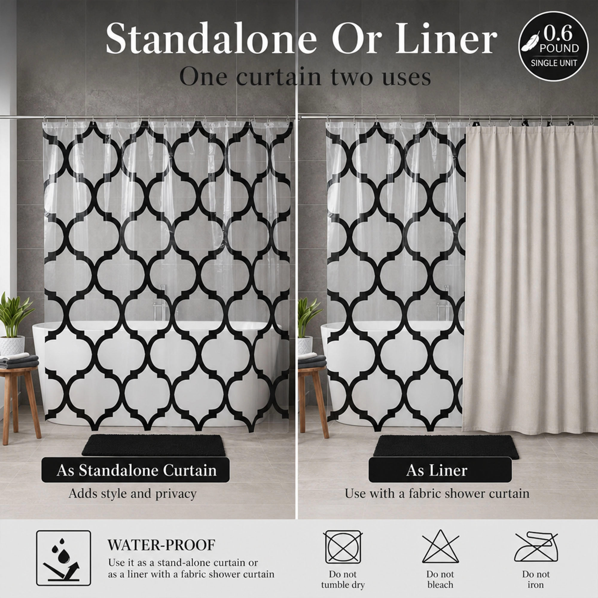 Evideco French Home Goods Clear Shower Curtain Black Arabesque Print Waterproof PEVA Liner