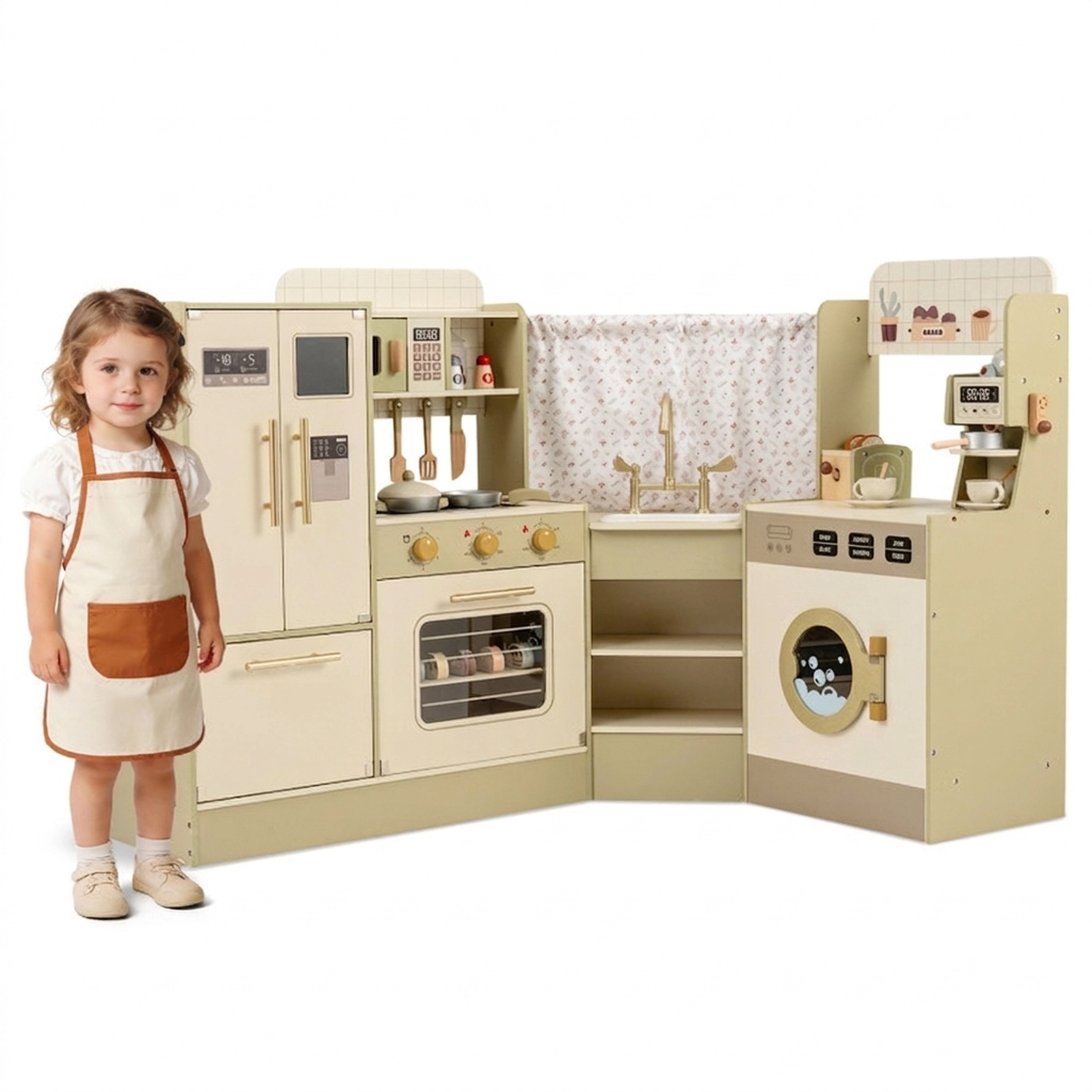 SUGIFT Green Faucet Dishwasher Coffee Machine and 21 Accessories Kids Corner Play Kitchen