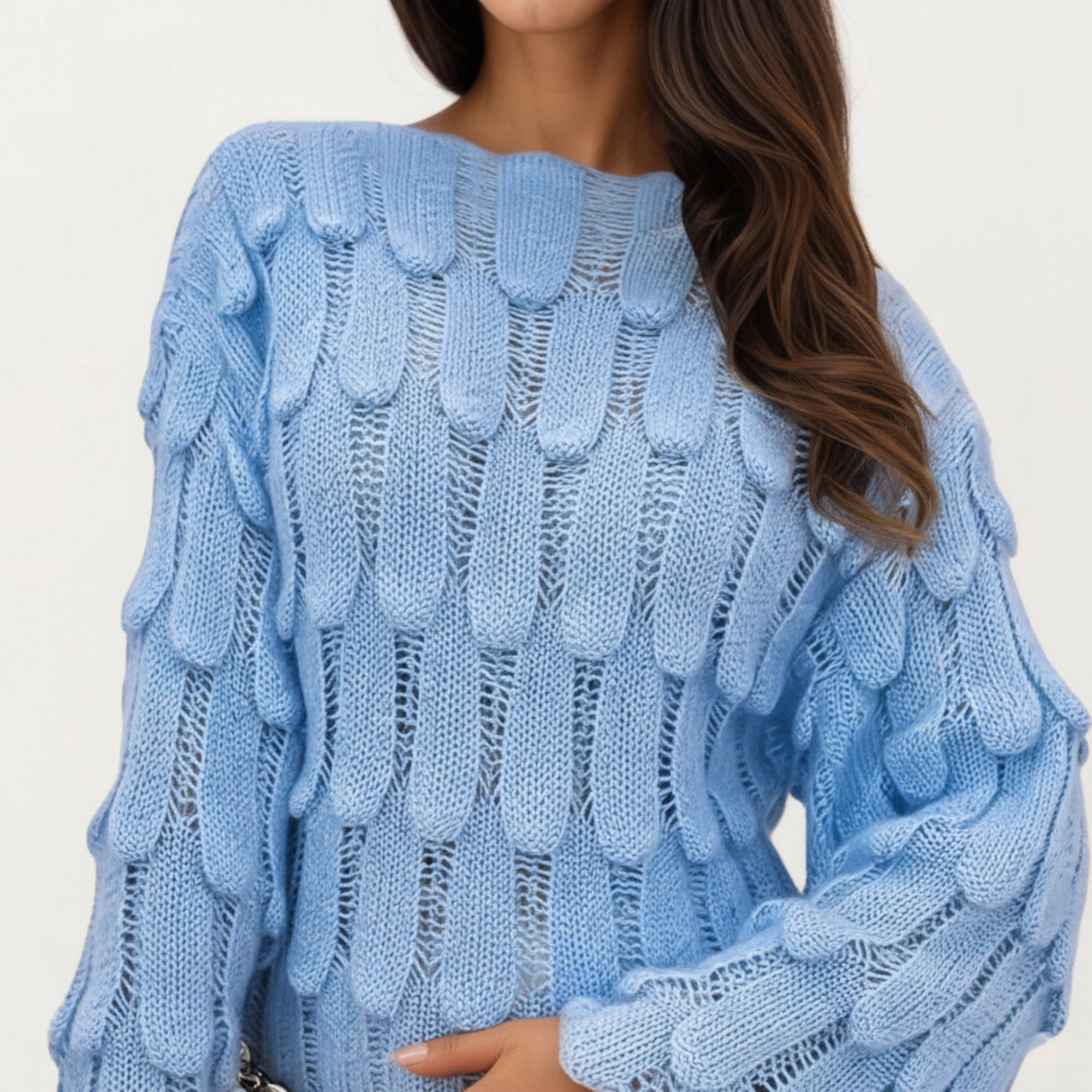 Anna-Kaci Women's Textured Loop Knit Sweater Top with Soft Open-Stitch Pattern Long Flared Sleeves Cozy Statement