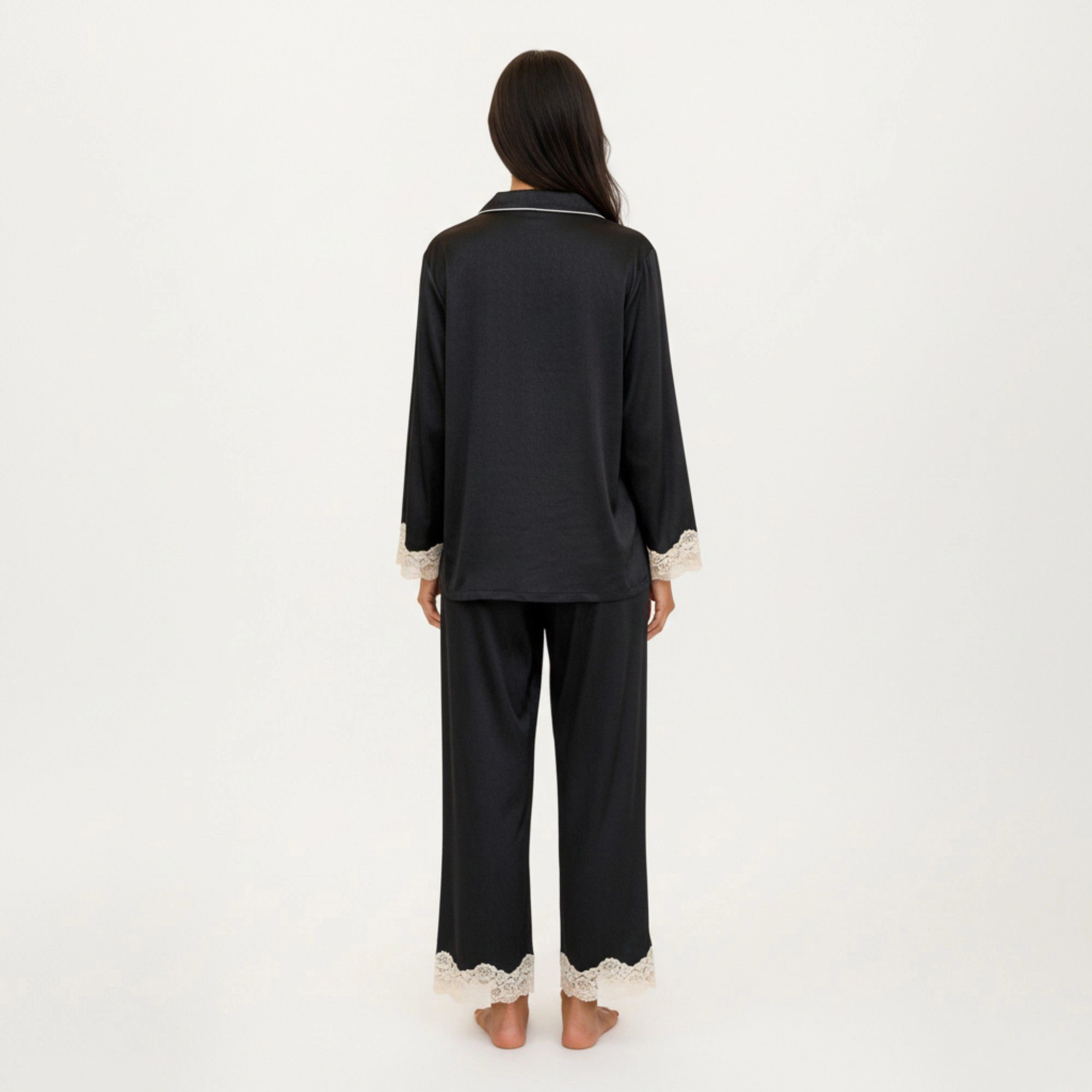 Anna-Kaci Women's 2-Piece Satin Button Front Pajama Top with Lace Trim Sleeves and Matching Elastic Waist Pants