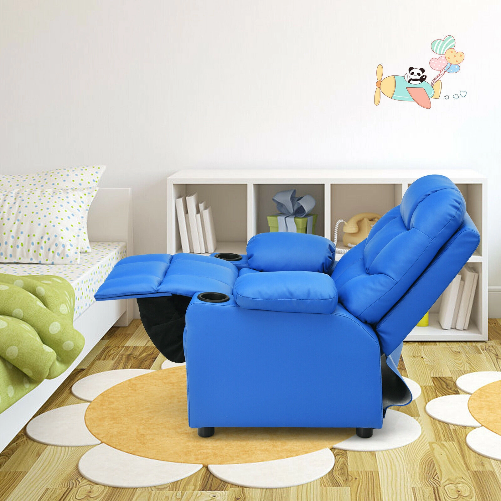 SUGIFT Kids Recliner Chair with Cup Holders and Footrest 120-lb Capacity Over 3 Years Blue