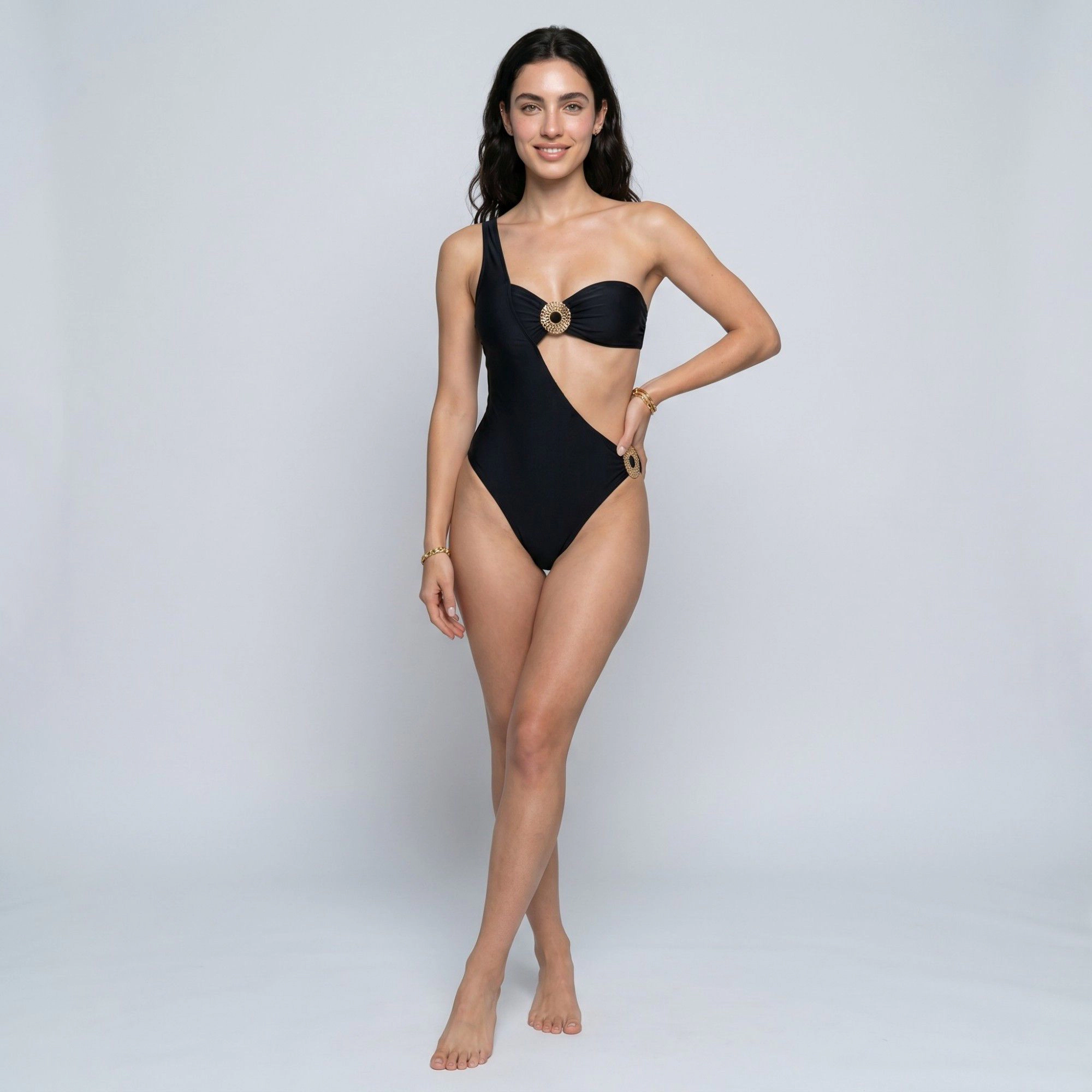 Anna-Kaci Women's One Shoulder Cutout One-Piece Swimsuit with Ruched Bandeau Bust Metal Ring Detail and High-Cut Leg