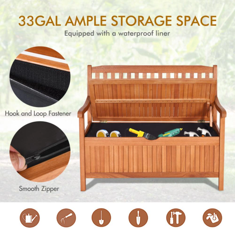 Hivvago 33 Gallon Wooden Storage Bench With Liner For Patio Garden Porch