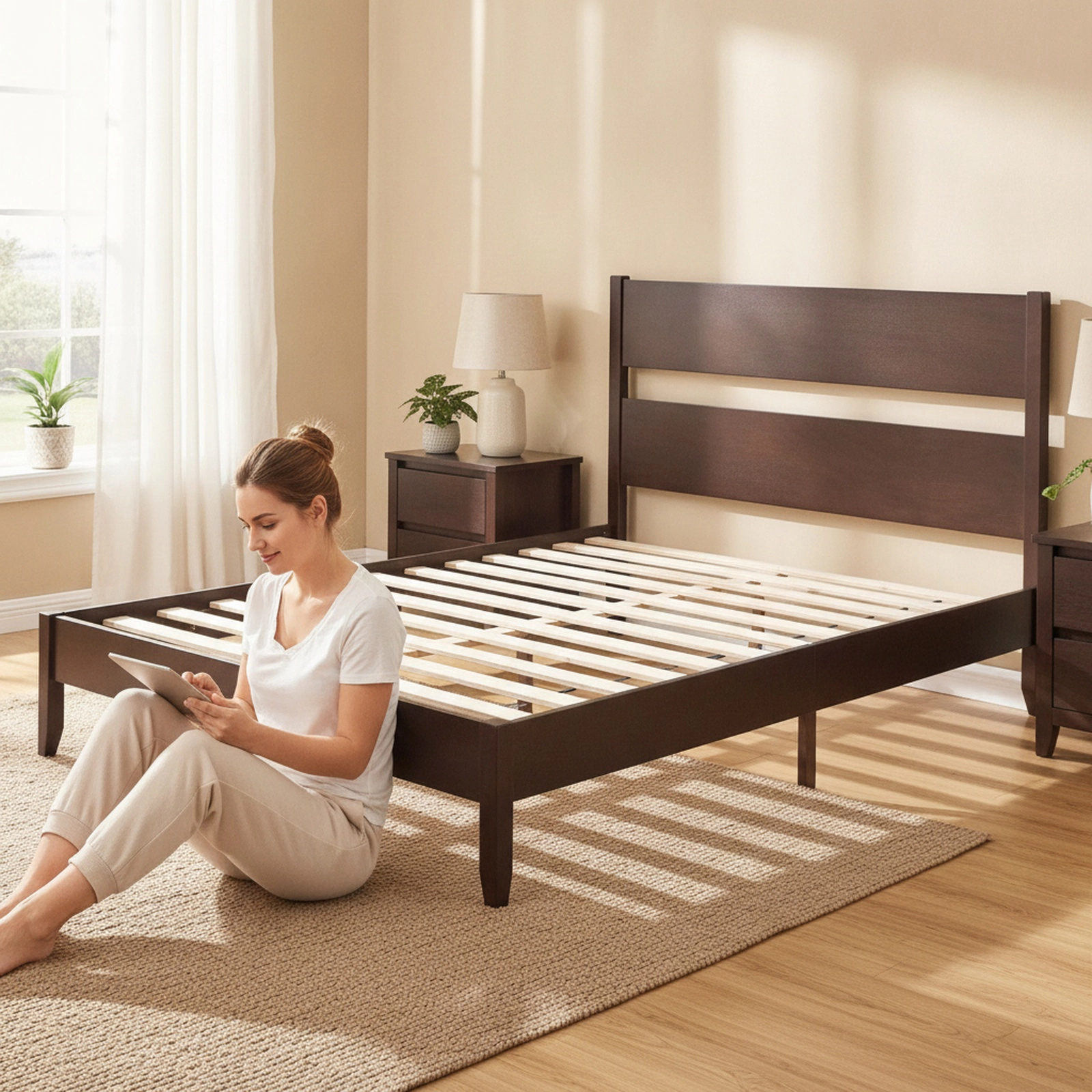 SUGIFT Queen Platform Bed Frame, 35-in Wood Headboard, 12 Screw-Fixed Slats, Dark Walnut