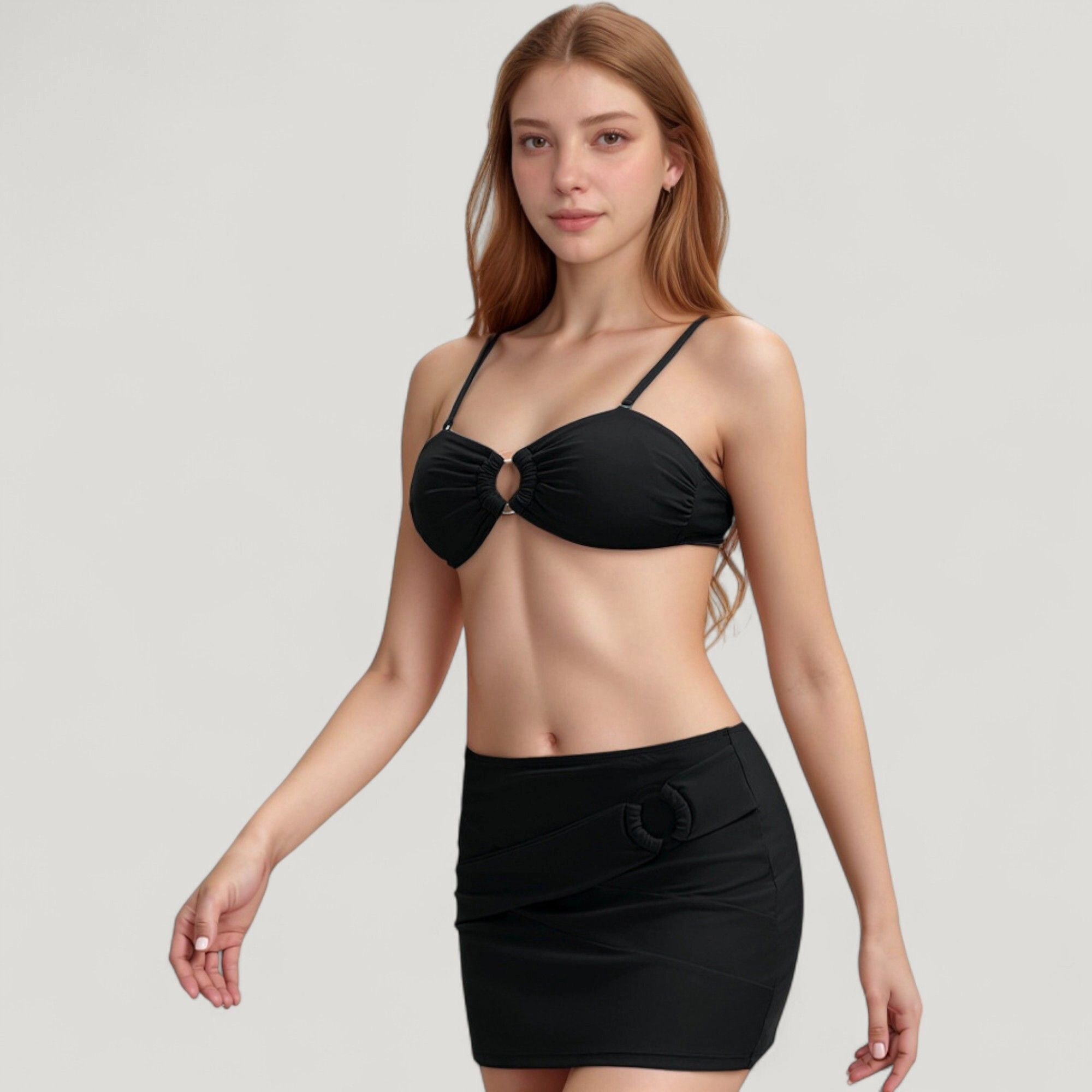 Anna-Kaci Women 3-Piece Bandeau Bikini Set with High Waist Bottom and Sheer Wrap Skirt