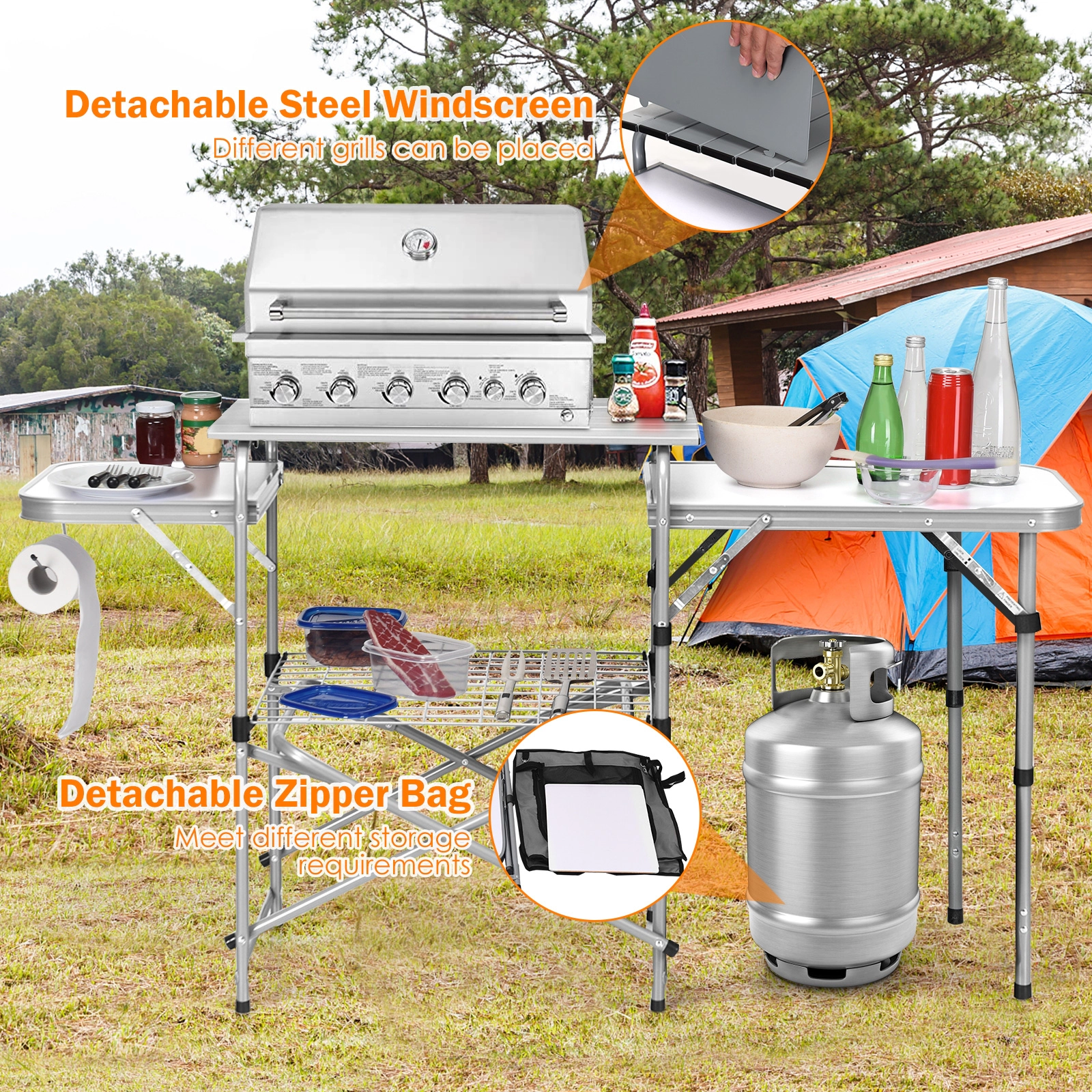 LJG Foldable Outdoor BBQ Portable Grilling Table with Windscreen Bag
