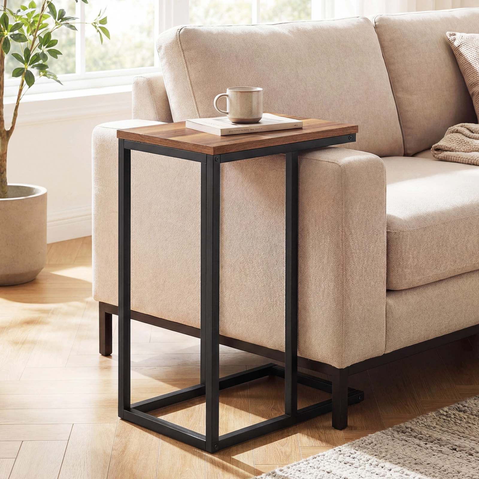 SUGIFT Sturdy Metal Frame and 18 in Tabletop Walnut C-Shaped End Table