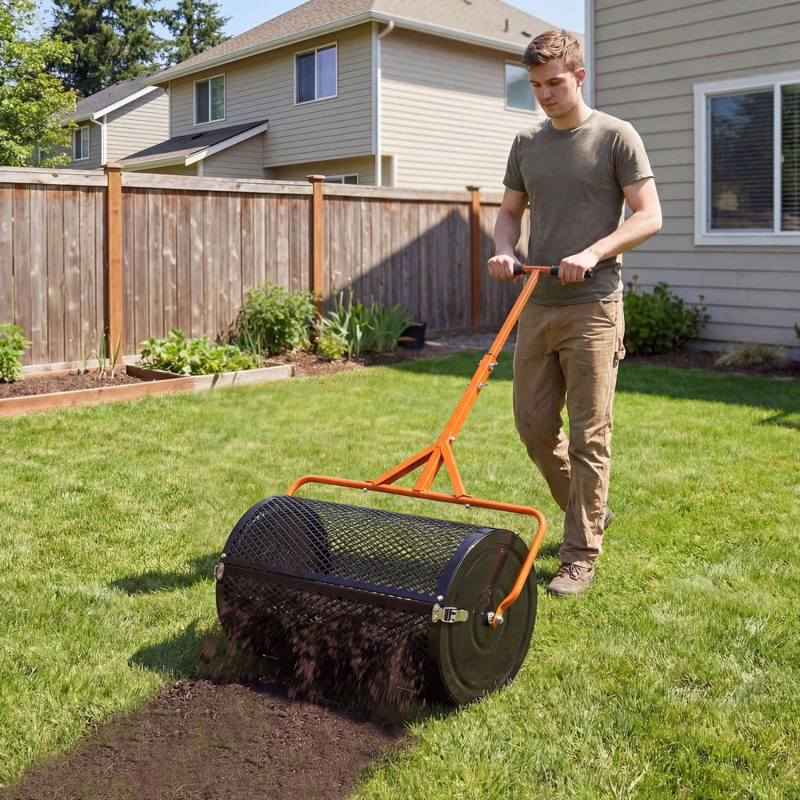 SUGIFT Orange 24-in Compost Spreader Peat Moss Topdressing Roller with 2.7-cu ft Basket and T-Handle
