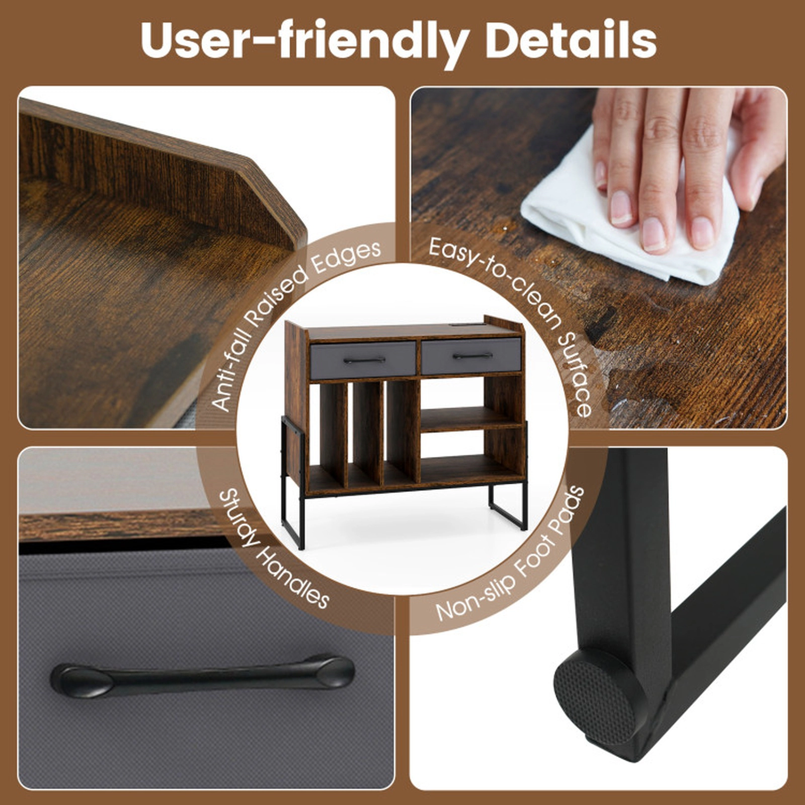 SUGIFT Rustic Brown Mid-Century Record Player Stand with Vinyl Storage, Power Outlet and USB Ports