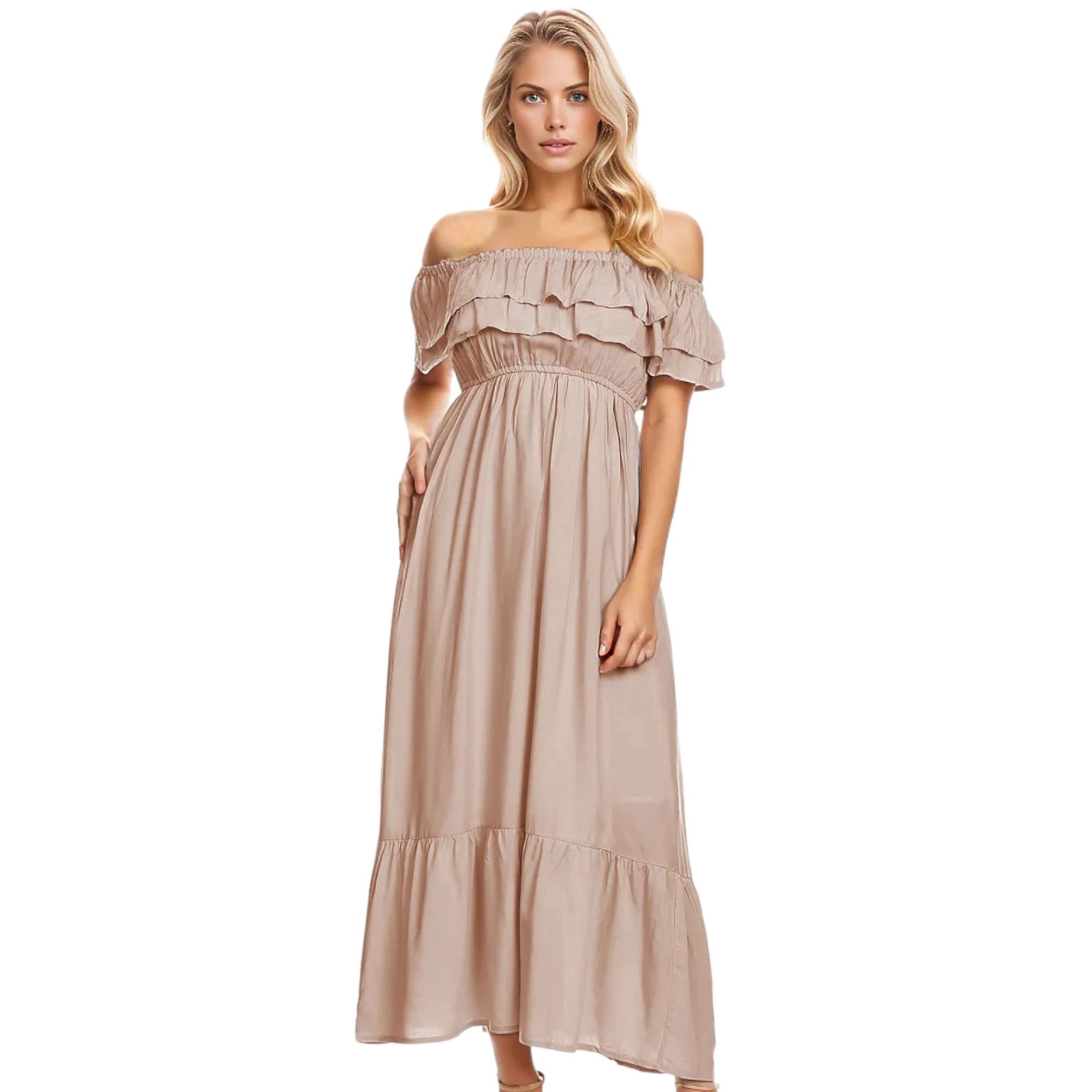Anna-Kaci Women's Off Shoulder Double Ruffle Elastic Waist Maxi Flared Dress