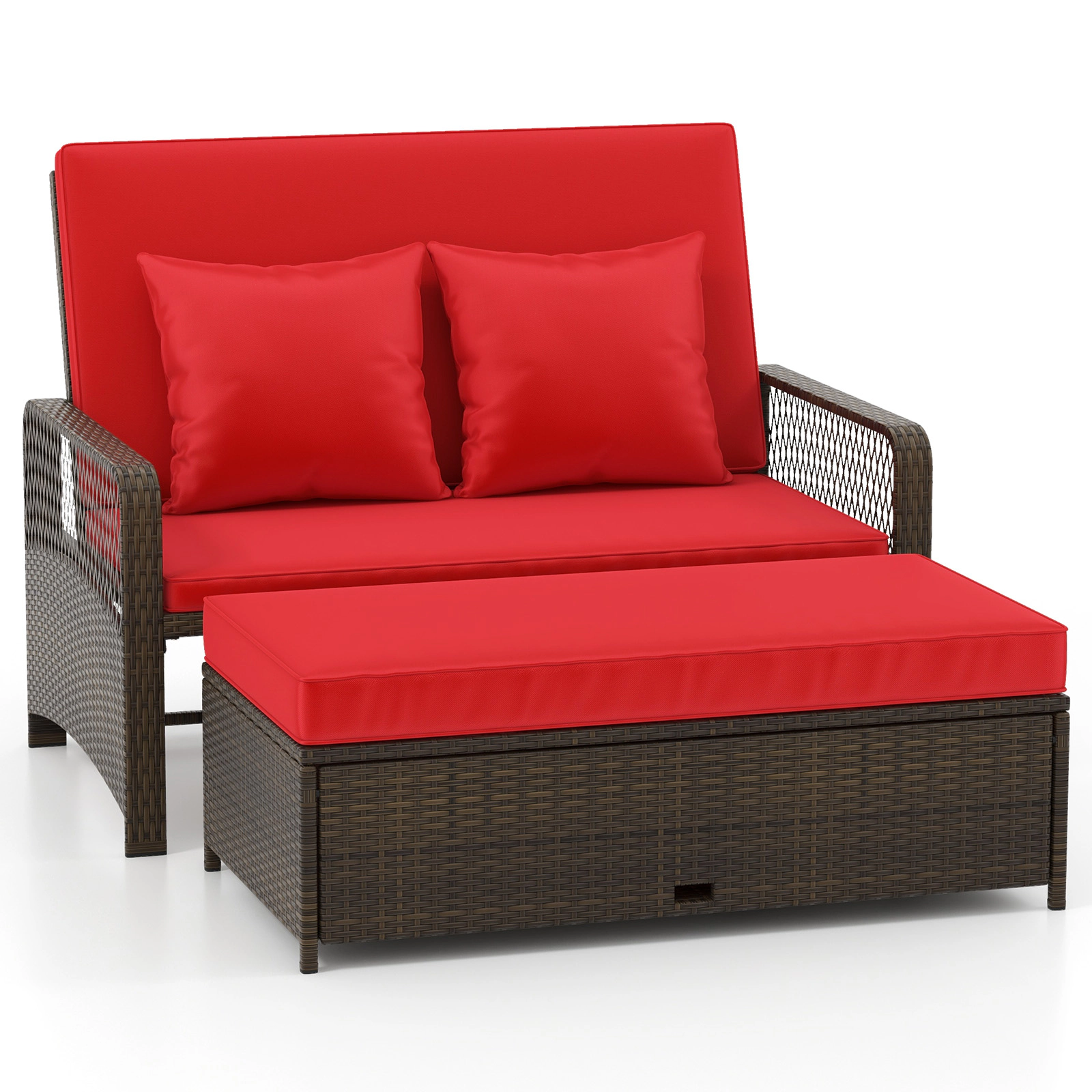 SUGIFT 2-Piece Wicker Patio Daybed with 4-Level Backrest and Storage Ottoman 48.5-in W 800-lb Seat Capacity Red