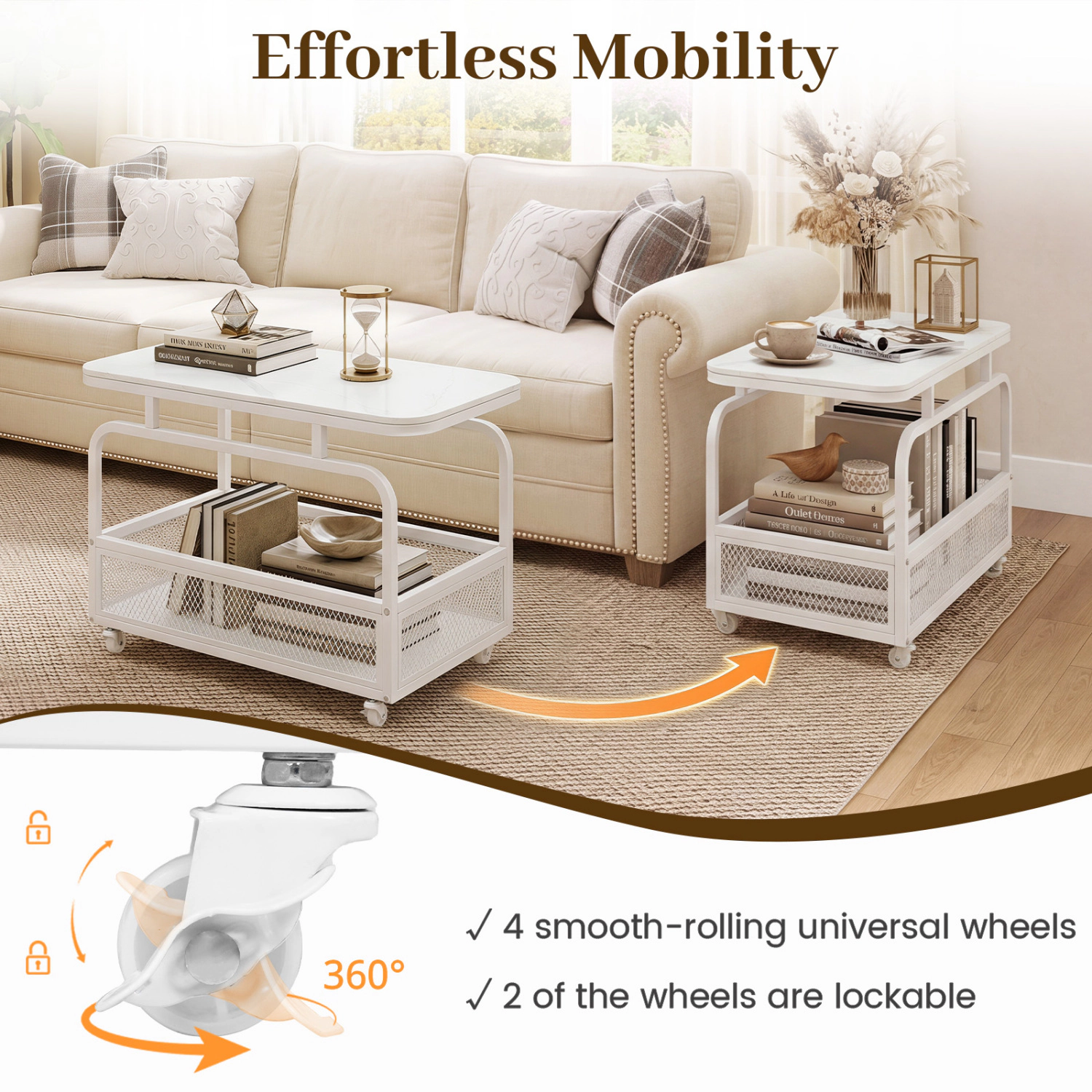 Glintex Rolling Narrow Side Table with Faux Marble Top and Mesh Storage Basket, White