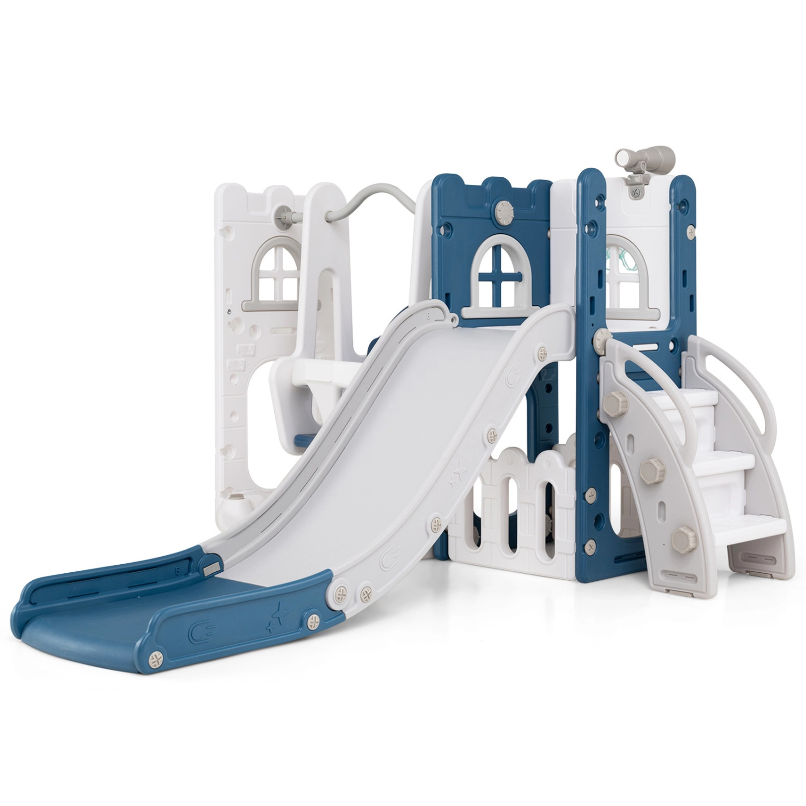 SUGIFT 7-in-1 Toddler Swing & Slide Climber Set with Ladder & Basketball Hoop 110-lb Capacity Ages 1-3 Blue & White