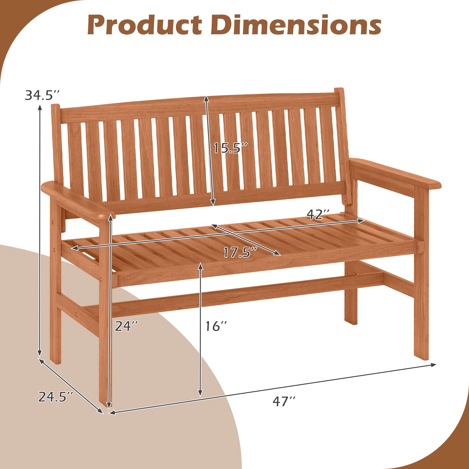 SUGIFT Solid Wood 2-Person Patio Bench Loveseat with Curved Slatted Seat and Armrests 530-lb Capacity 47-in Wide Natural