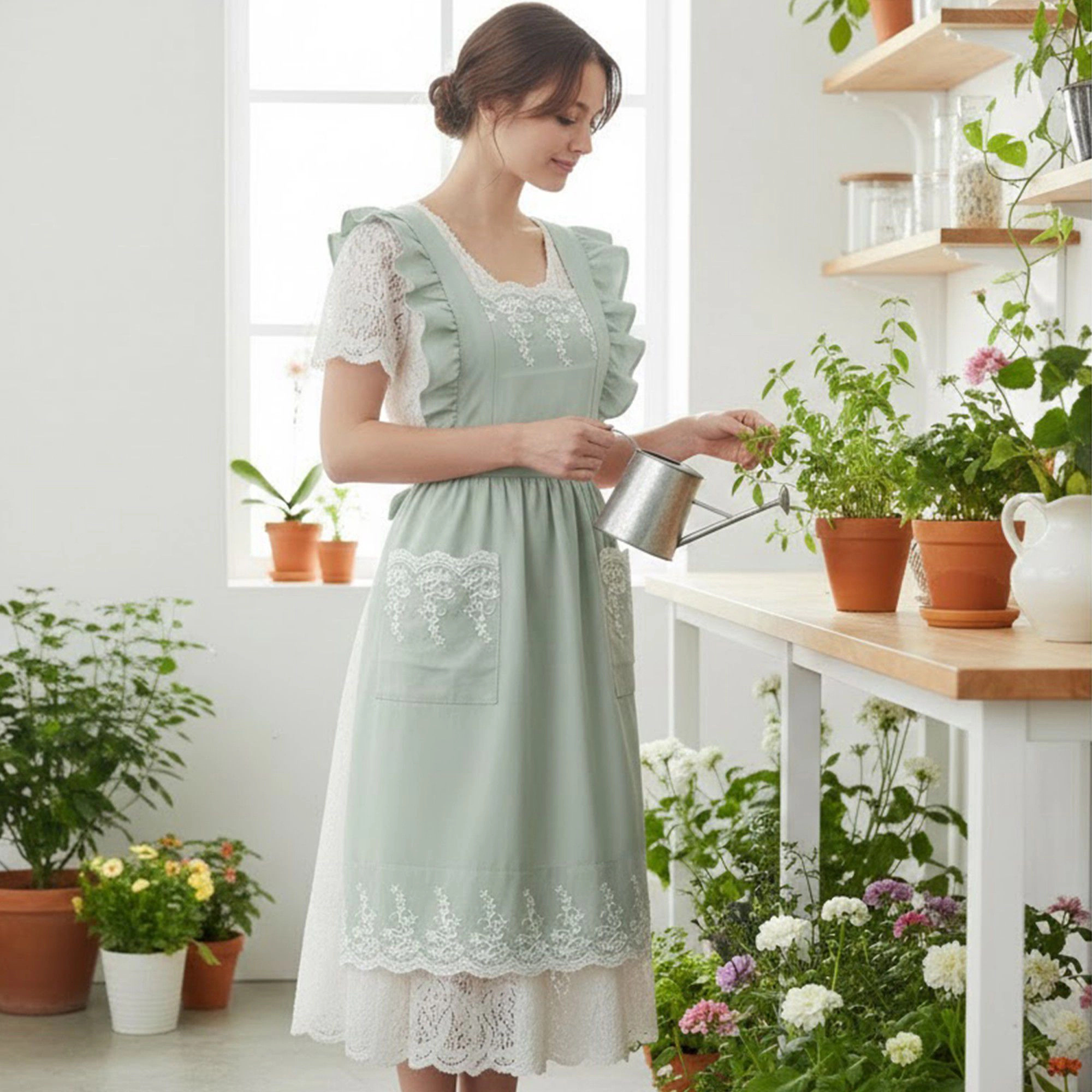Alilang Unisex Lace Trim Ruffle Kitchen Apron with Embroidered Bib Detail Dual Front Pockets and Adjustable Waist Ties