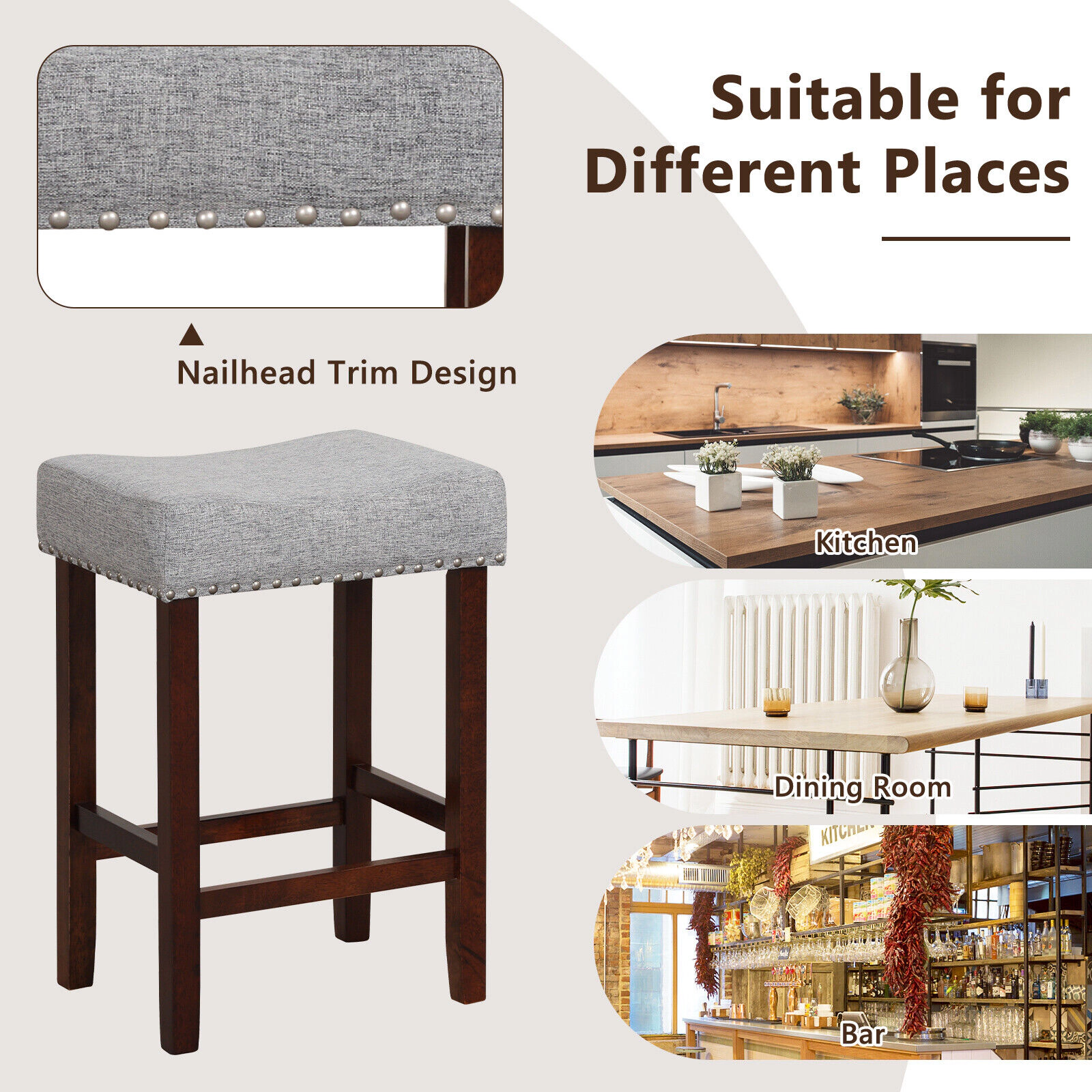 Glintex 2-Piece Backless Counter Stool Set with Curved Seat and Nailhead Trim, Gray + Brown