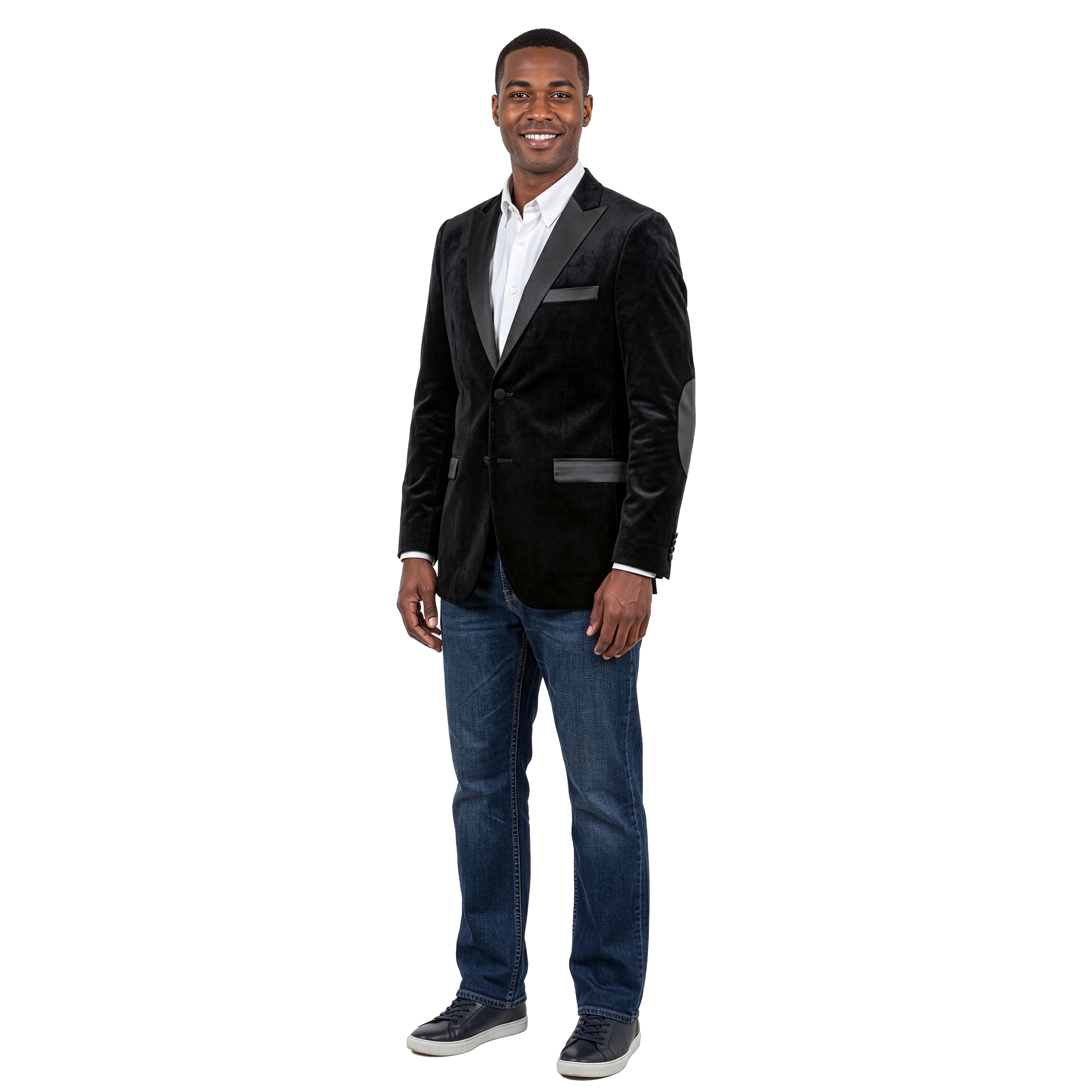 Tazzio Mens Velvet Satin Peak Lapel Blazer with Elbow Patch