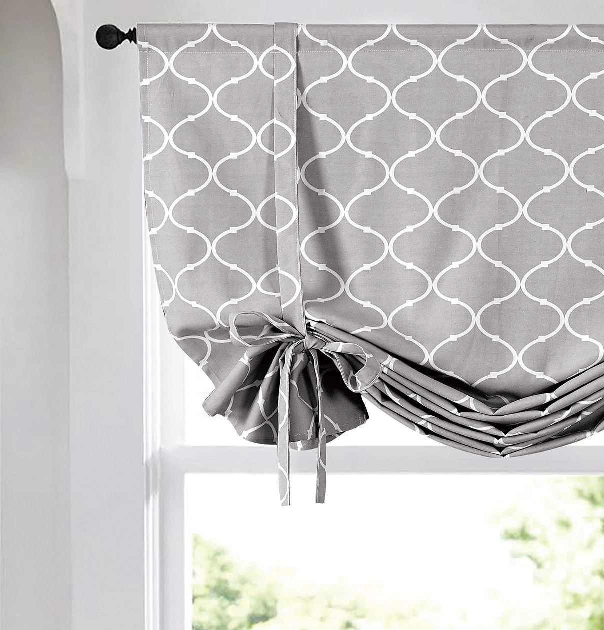 Kate Aurora Gray & White Lattice Clover Ultra Luxurious Single Tie Up Window Curtain Shade - 42 in. W x 63 in. L