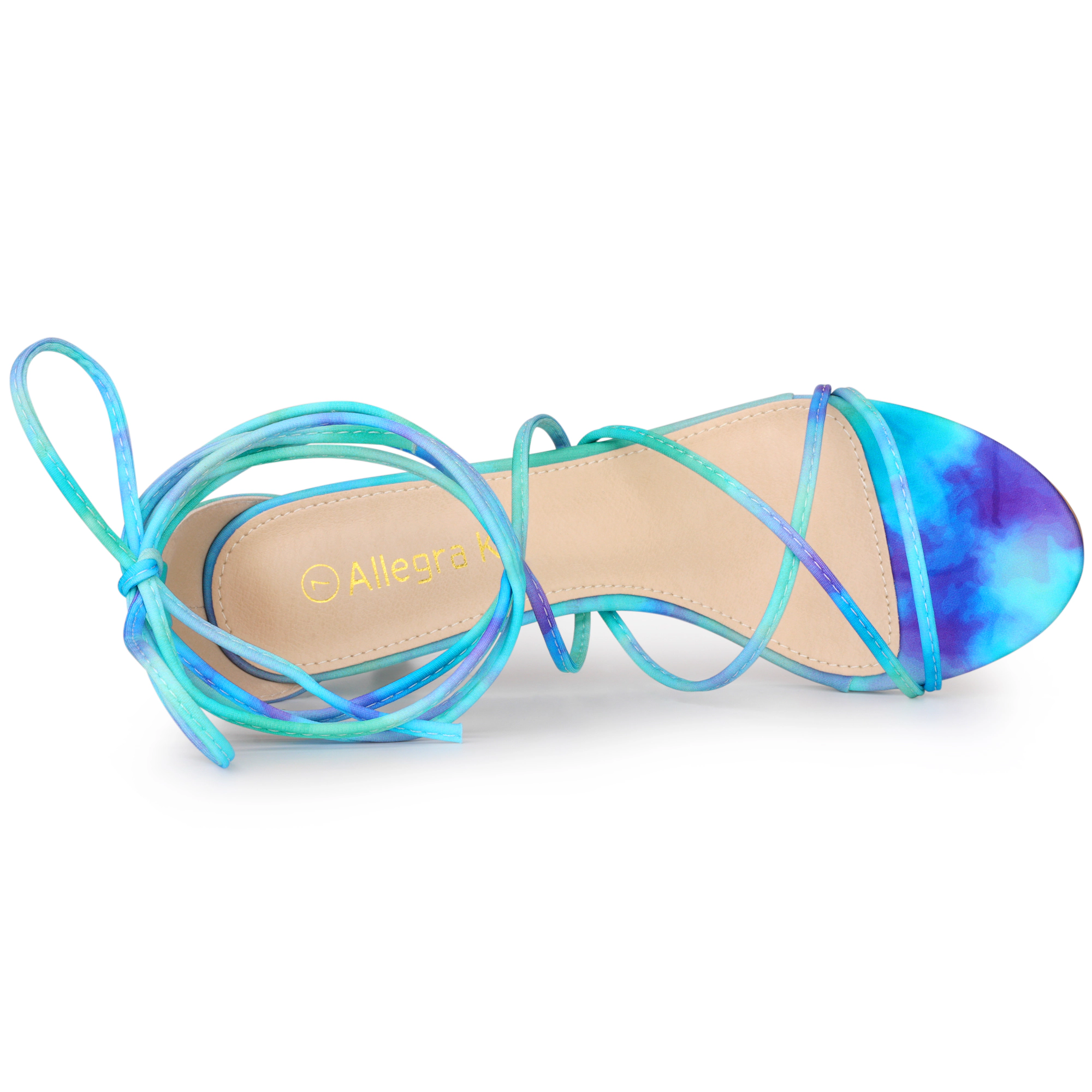 BLISSFUL STEP Women's Tie Dye Strappy Open Toe Lace Up Kitten Heel Sandals
