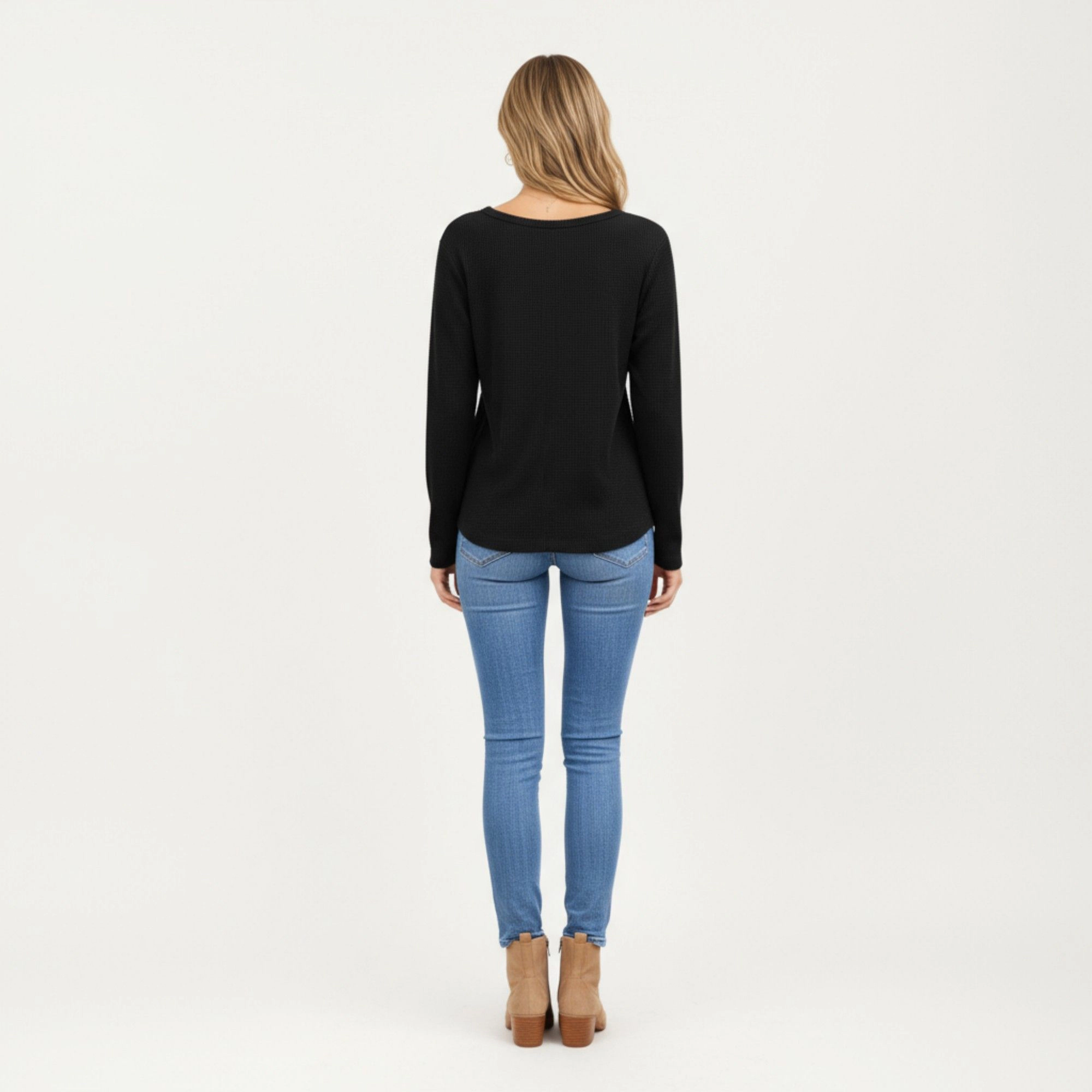 Anna-Kaci Women's Waffle Knit Notch V-Neck Relaxed Fit Long Sleeve Top