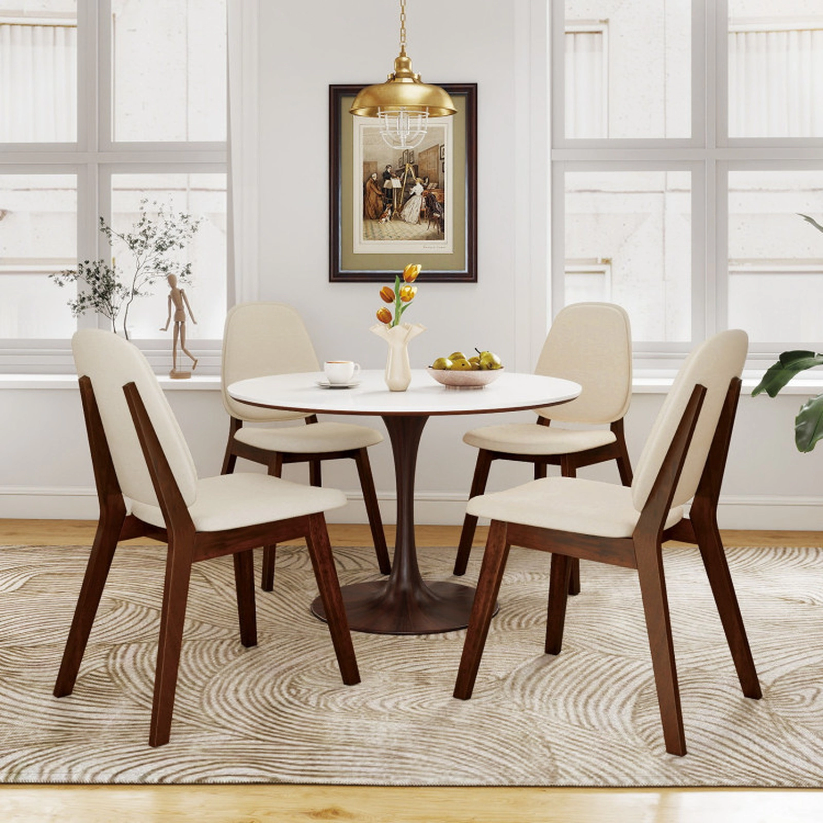 SUGIFT Set of 4 Mid-Century Modern Wooden Upholstered Dining Side Chairs 330-lb Capacity Brown+Beige