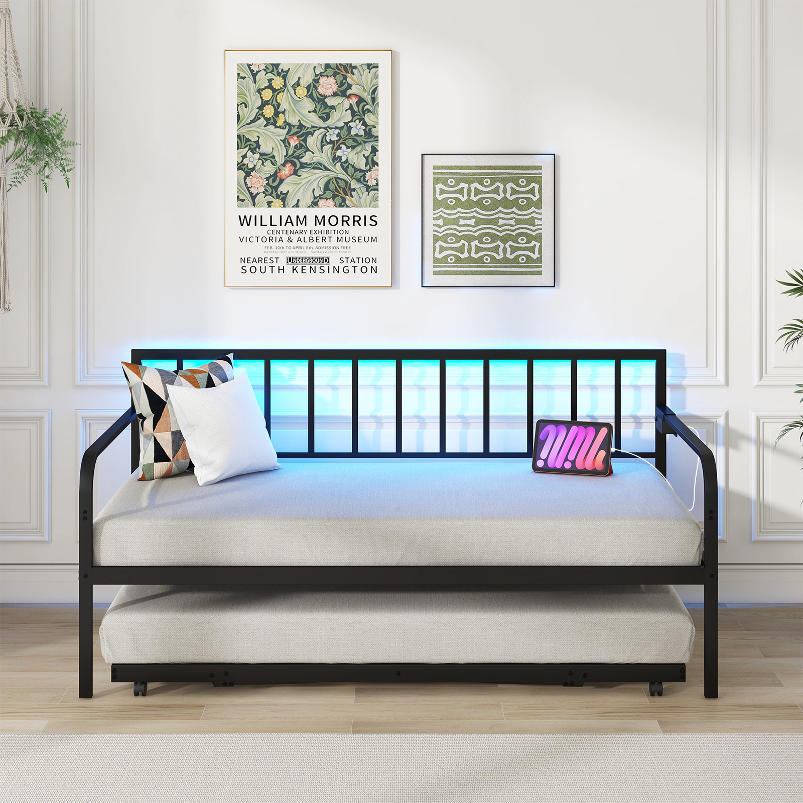 SUGIFT Black Pop-Up Trundle Charging Station and LED Lights Twin Metal Daybed