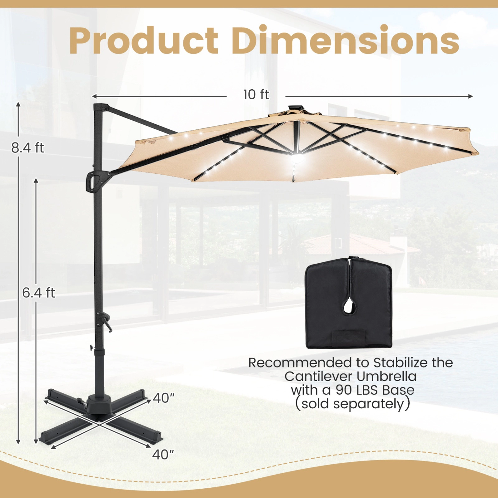 SUGIFT 10-ft Solar LED Cantilever Patio Umbrella with 360° Rotation and 6-Level Tilt 40 x 40-in Cross Base Beige