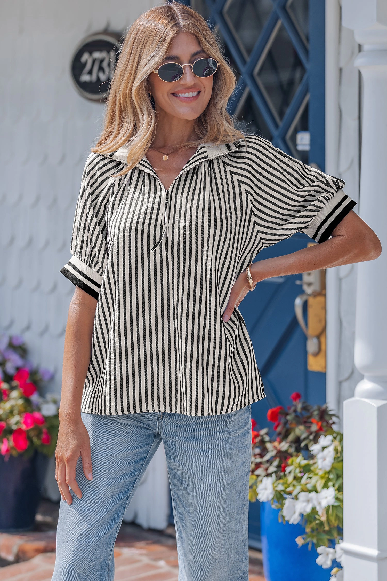 Threaded Pear Womens Riley Short Puff Sleeve Blouse