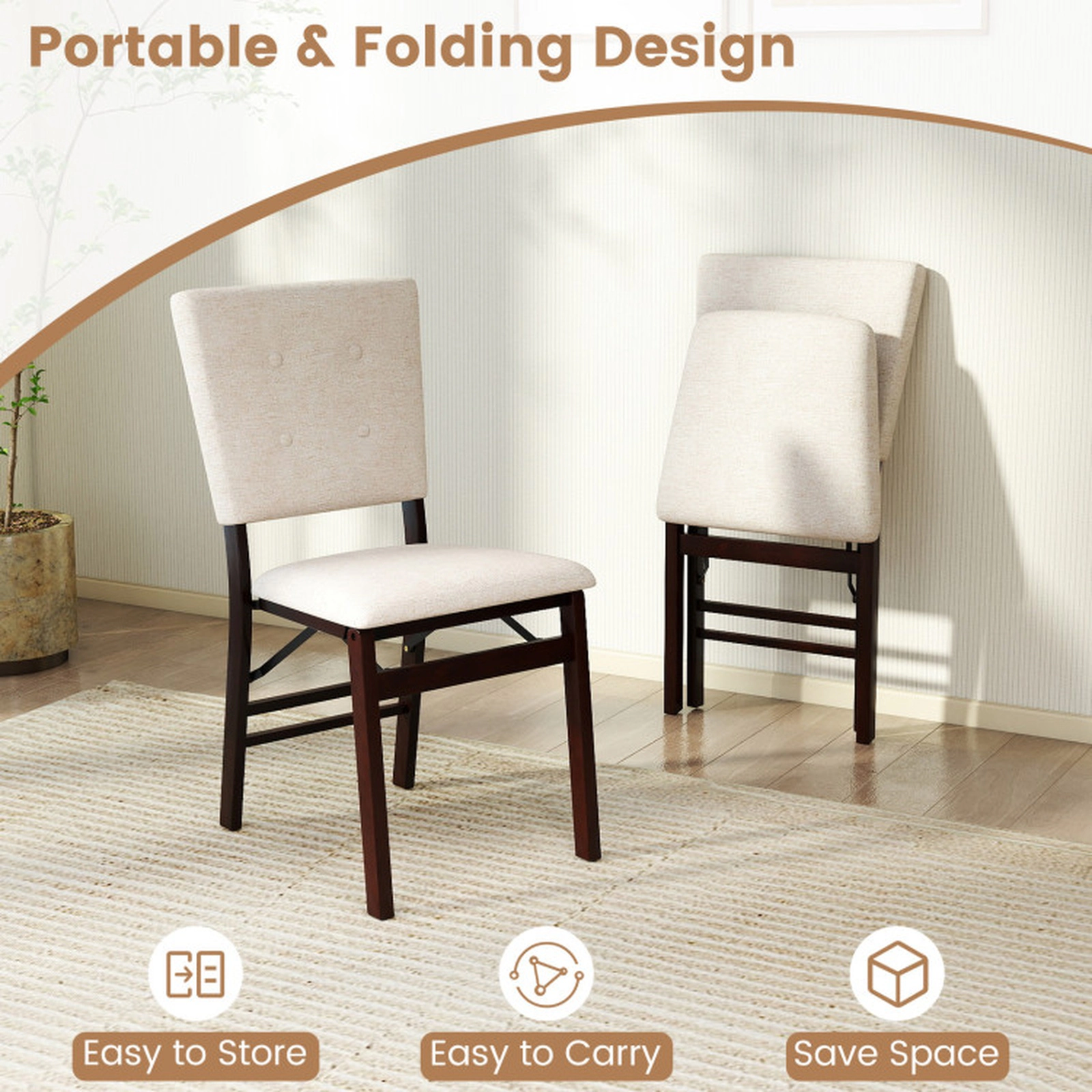 SUGIFT Foldable Armless Dining Chair Set of 4 with Padded Seat and Tilt Backrest 353-lb Capacity Beige