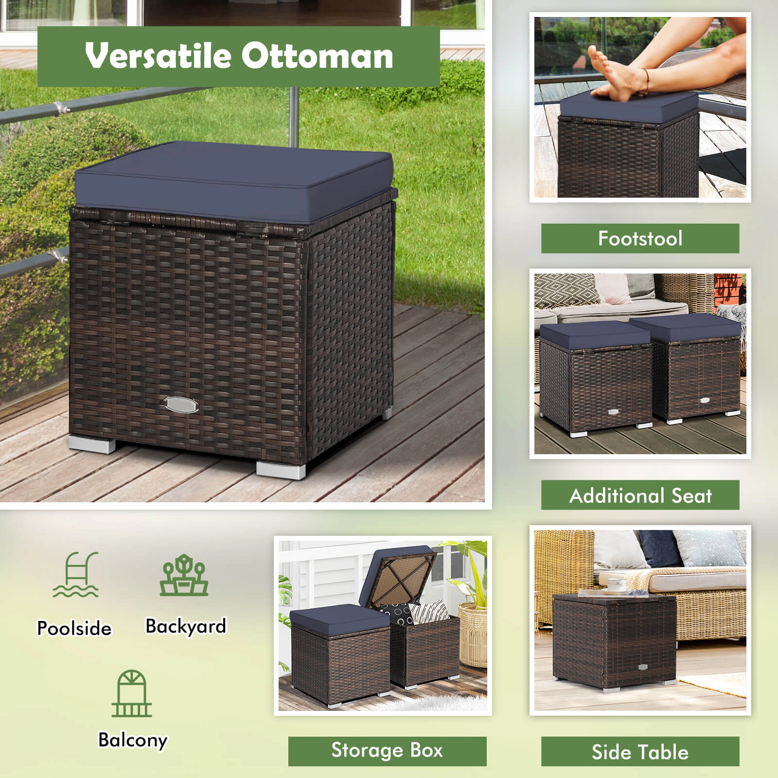 SUGIFT Set of 2 Navy Cushioned Wicker Storage Ottomans, 350 lb Capacity