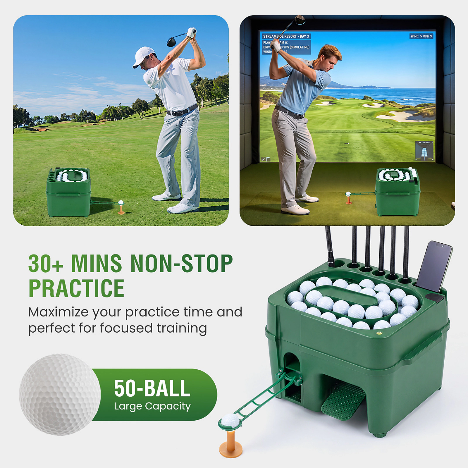 SUGIFT Green Golf Ball Dispenser with 6-Club Holder and Auto Tee-Up 17-in W 13.5-in D 12-in H 50-Ball Capacity
