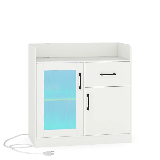 LJG LED Buffet Sideboard with Charging Station with Drawer and Translucent Fluted Door