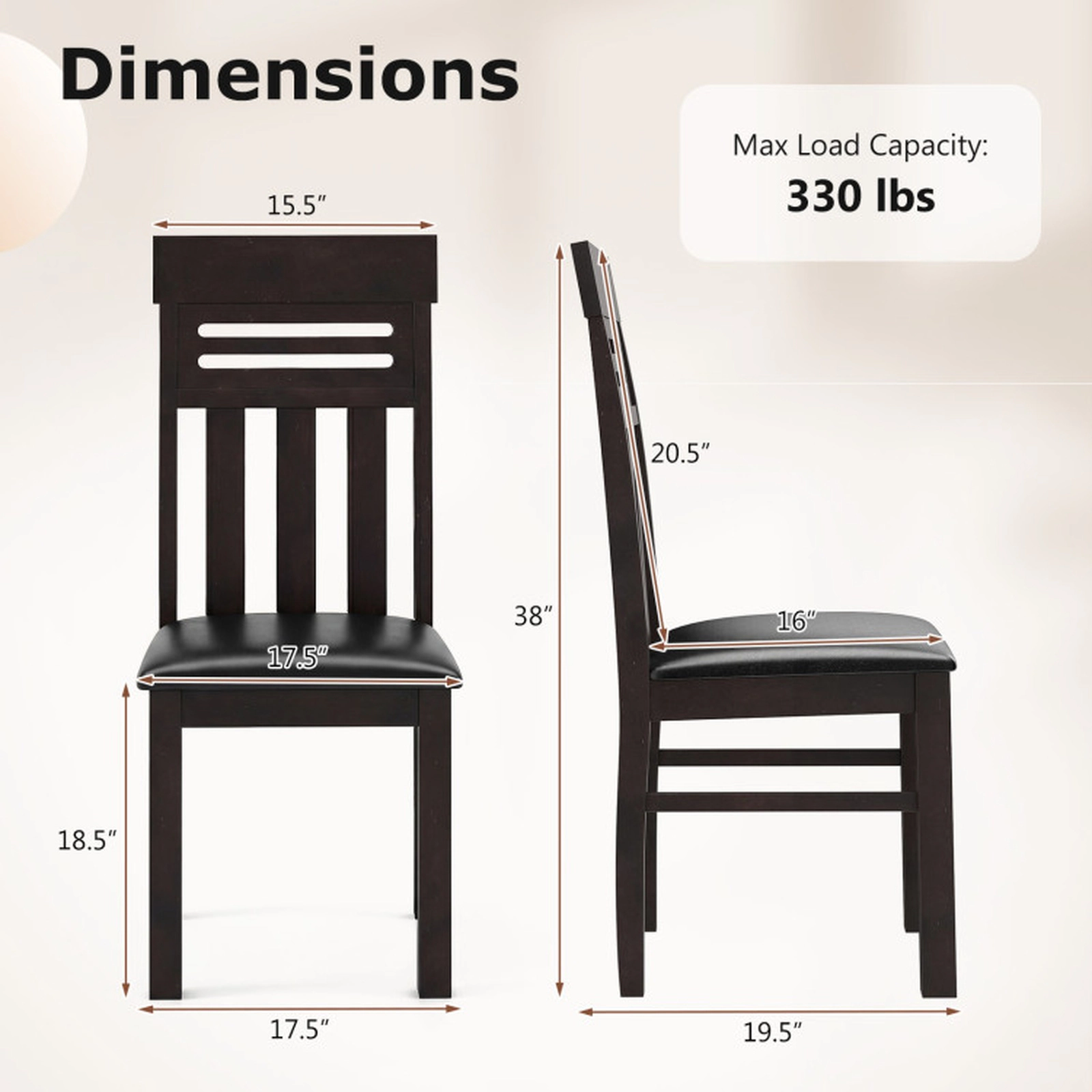SUGIFT Set of 2 Brown Faux Leather High-Back Dining Chairs