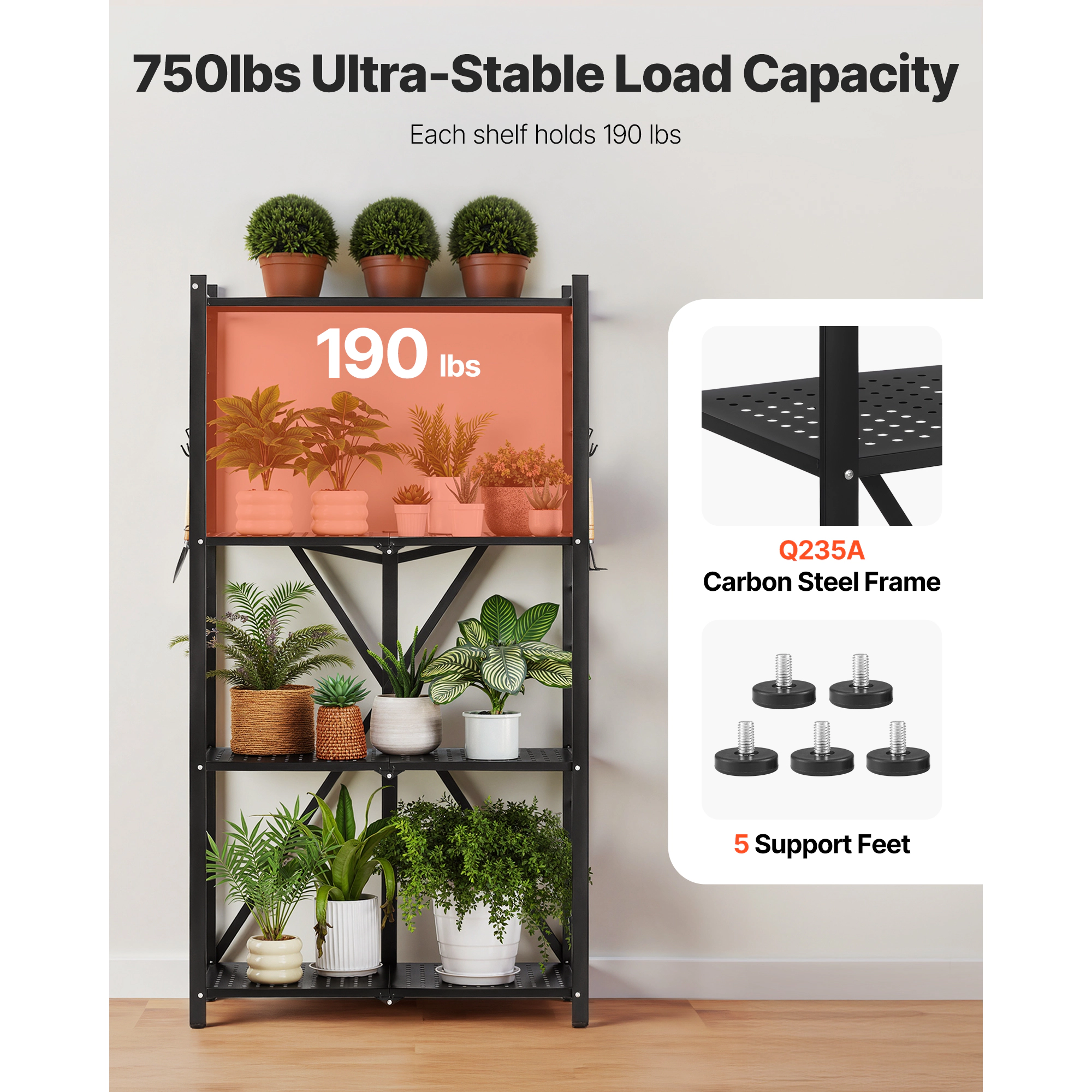HONGGE Foldable Storage Shelf Folding Metal Rack Shelving Unit No Assembly Organizer Shelf with 5 Wheels & 4 Hooks for