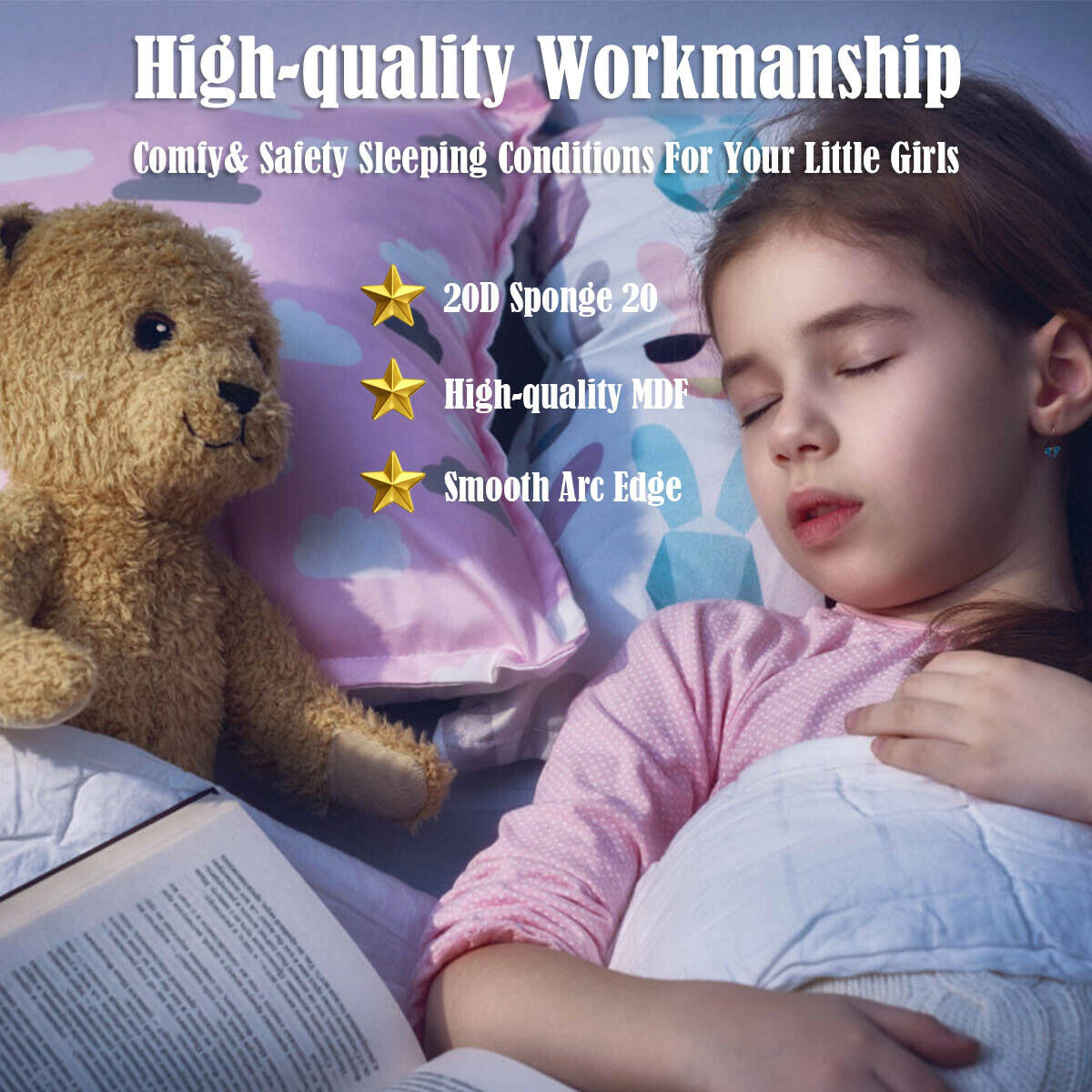 SUGIFT Pink Cartoon Girl Pattern Headboard Twin Size Kids Upholstered Platform Bed