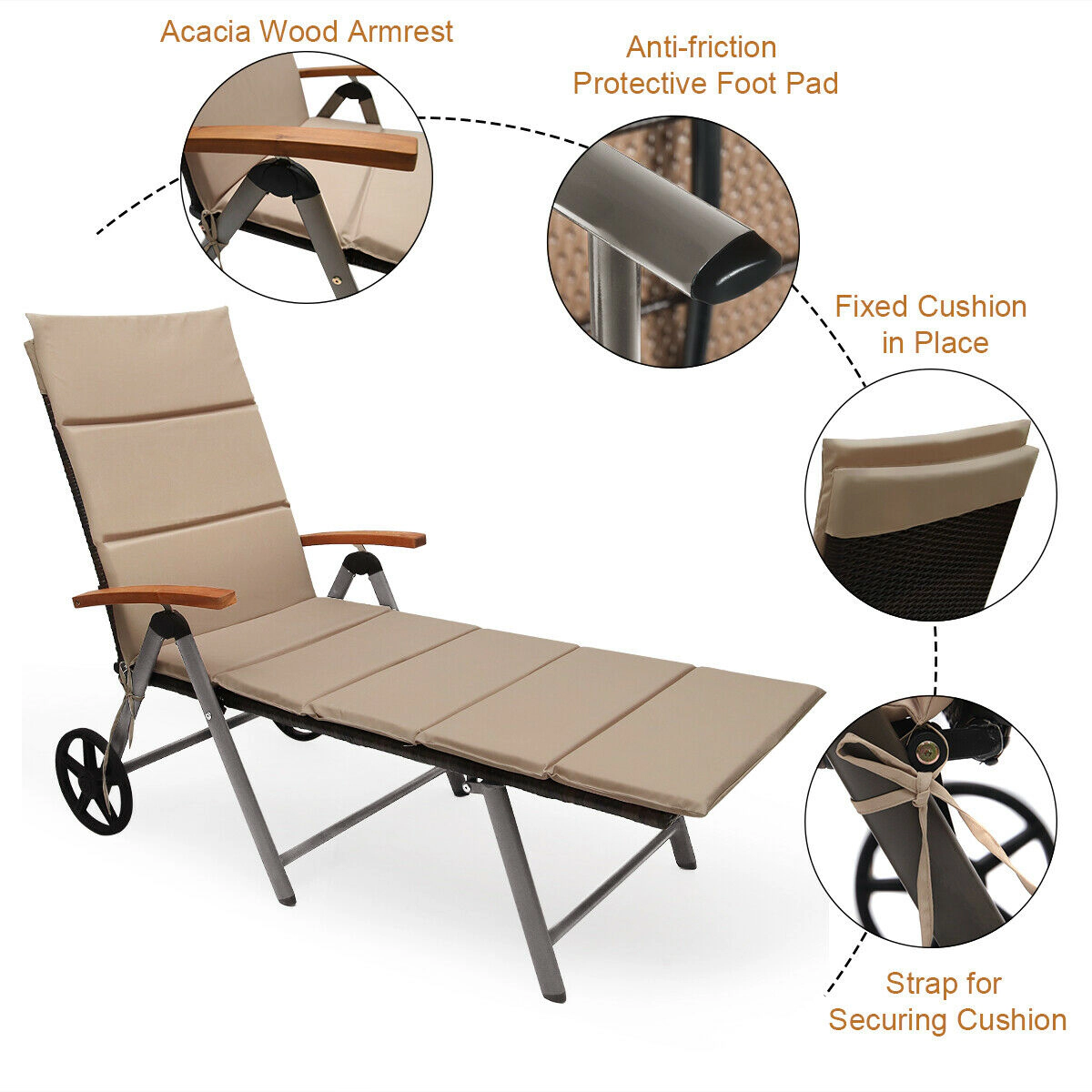 Hivvago Outdoor Chaise Lounge Chair Rattan Lounger Recliner