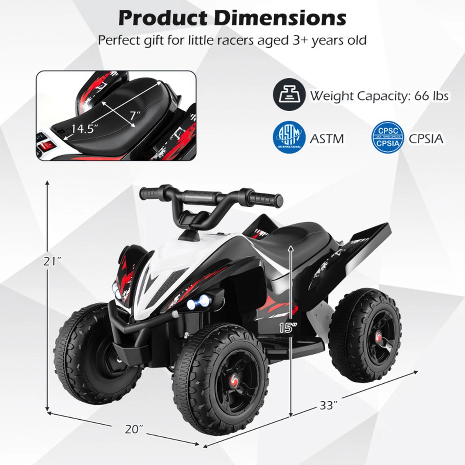 SUGIFT Kids Black 12V Ride On 4-Wheeler ATV Quad with LED Headlights 21-in H 7-mph Top Speed 66-lb Rider Capacity