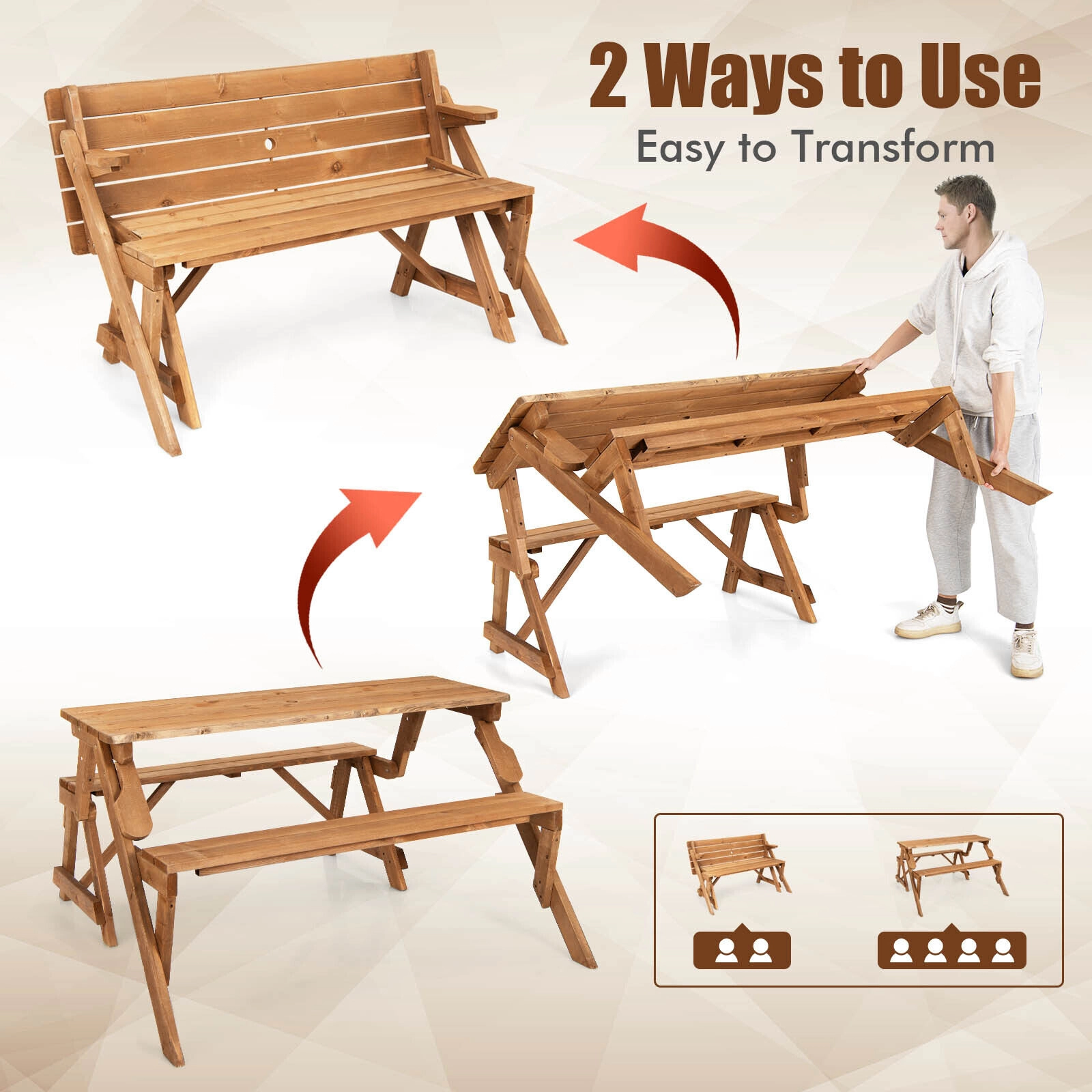 SUGIFT 2-in-1 Convertible Fir Wood Picnic Table and Garden Bench, Dark Brown, Umbrella Hole
