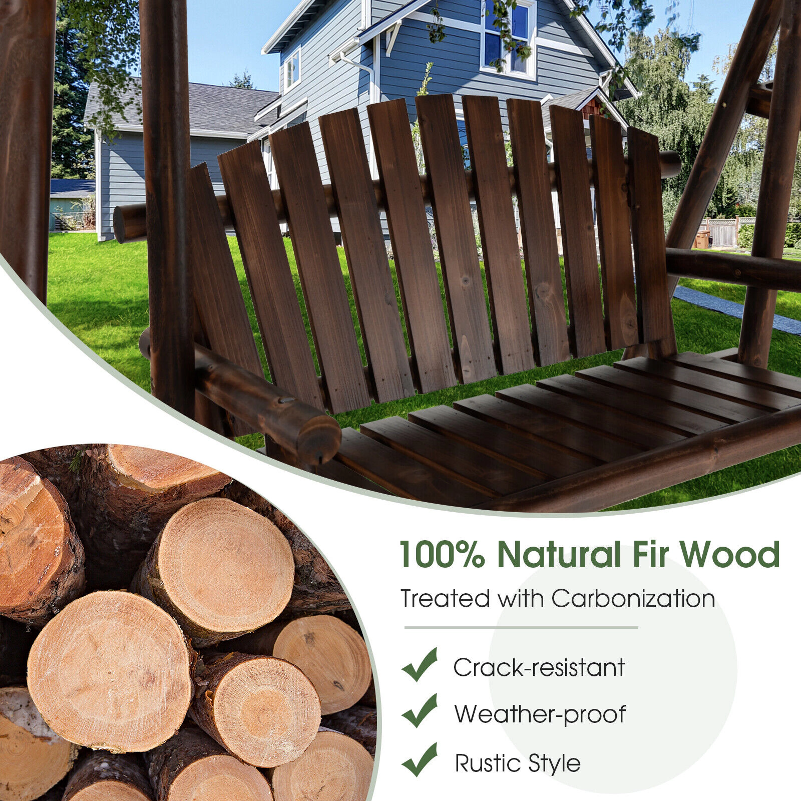 SUGIFT 2-Person Fir Wood Porch Swing with Adjustable Canopy and Side Table, 530 lb Capacity