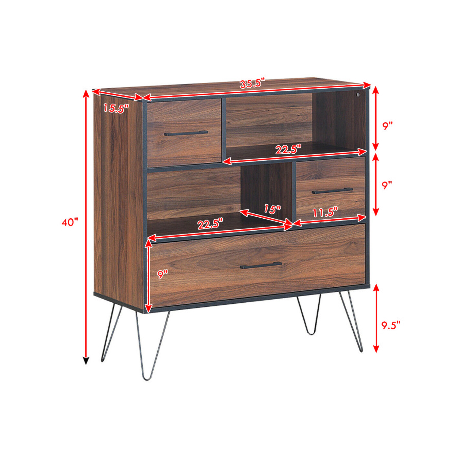 Hivvago 3-Level Wooden Storage Chest with Drawers and Metal Leg Base