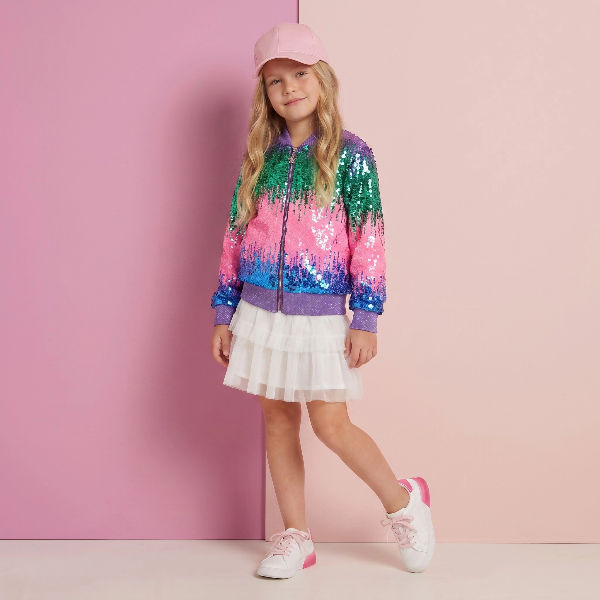 2Bunnies Girls' Aurora Gradient Sequin Holiday Party Bomber Jacket